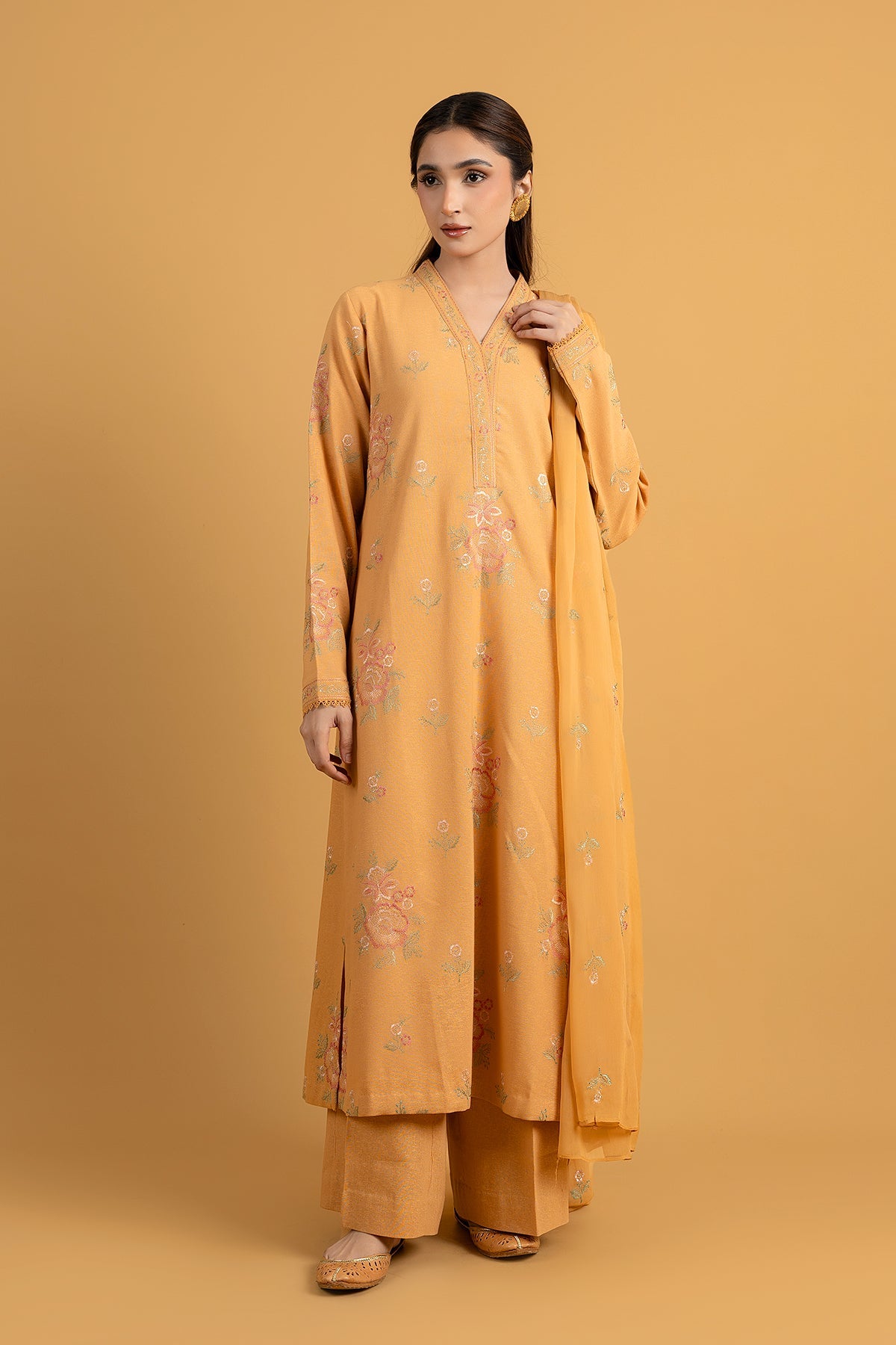 Embroidered Yellow Cotton Karandi 3-Piece Unstitched Suit by The Fabric Store