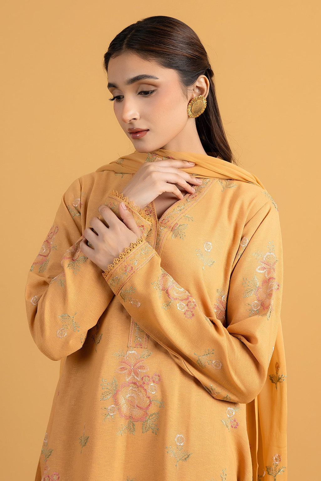 Embroidered Yellow Cotton Karandi 3-Piece Unstitched Suit by The Fabric Store, photo 4