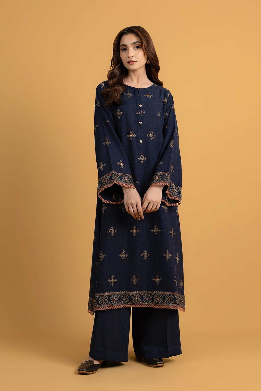 Embroidered & Embellished Navy Blue Cotton Karandi 2-Piece Unstitched Suit by The Fabric Store