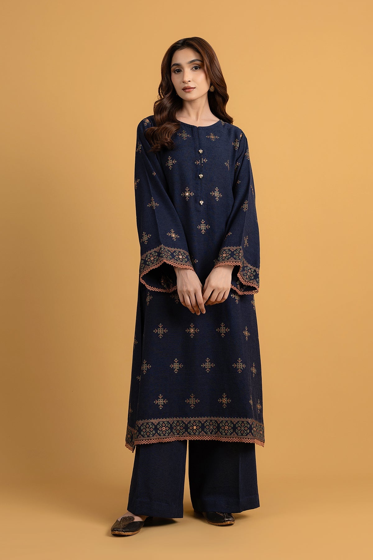 Embroidered & Embellished Navy Blue Cotton Karandi 2-Piece Unstitched Suit by The Fabric Store