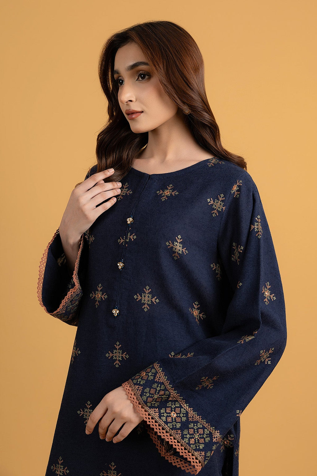 Embroidered & Embellished Navy Blue Cotton Karandi 2-Piece Unstitched Suit by The Fabric Store, photo 4