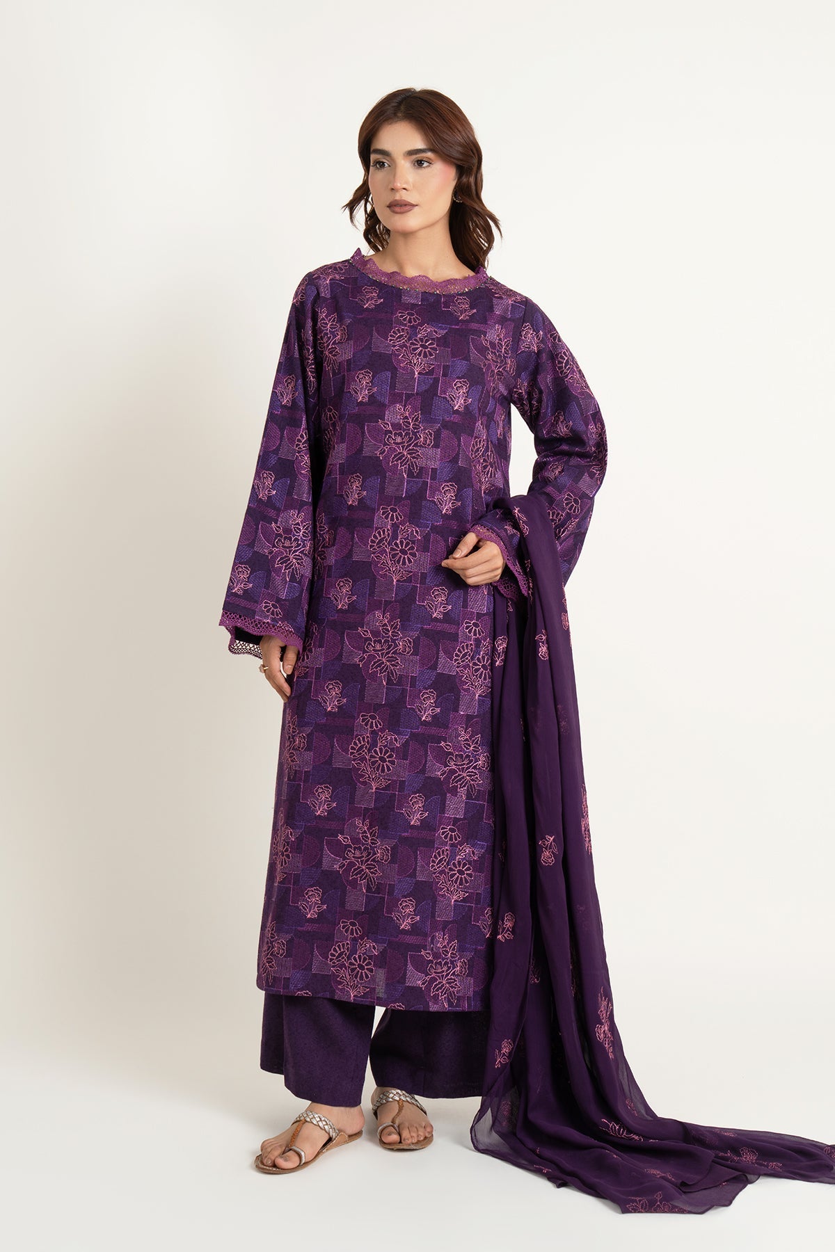 Embroidered Purple Cotton Karandi 3-Piece Unstitched Suit by The Fabric Store