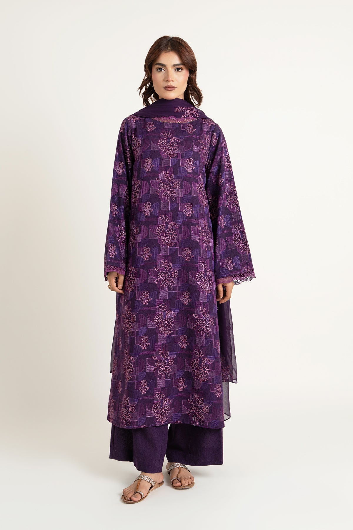 Embroidered Purple Cotton Karandi 3-Piece Unstitched Suit by The Fabric Store, photo 4