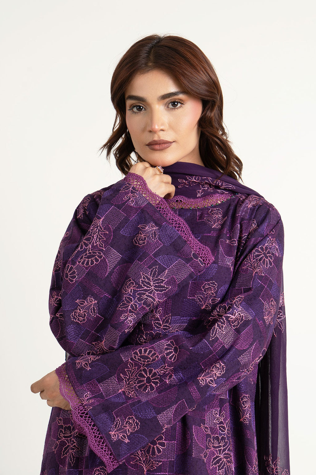 Embroidered Purple Cotton Karandi 3-Piece Unstitched Suit by The Fabric Store, photo 5