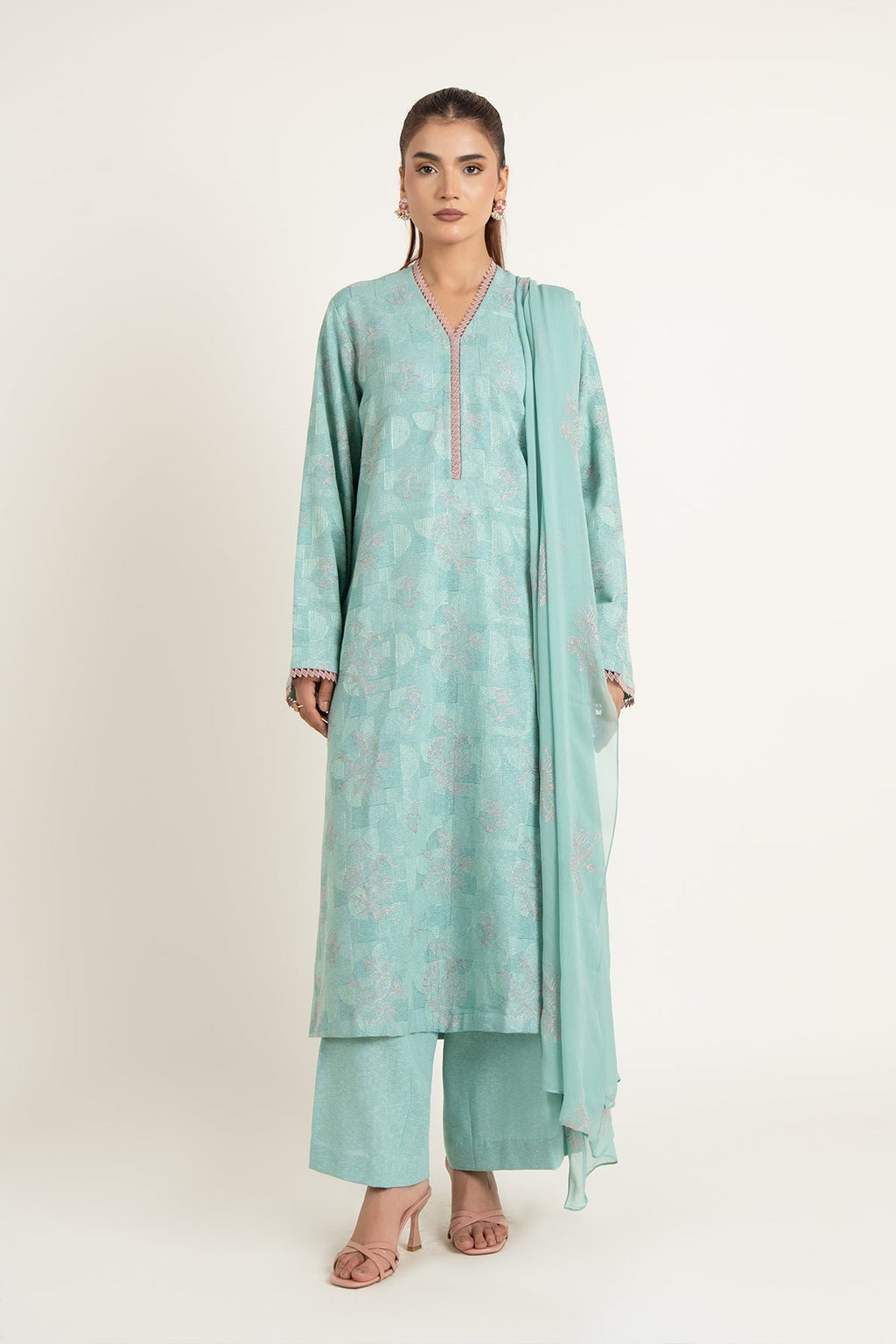 Embroidered Sky Blue Cotton Karandi 3-Piece Unstitched Suit by The Fabric Store