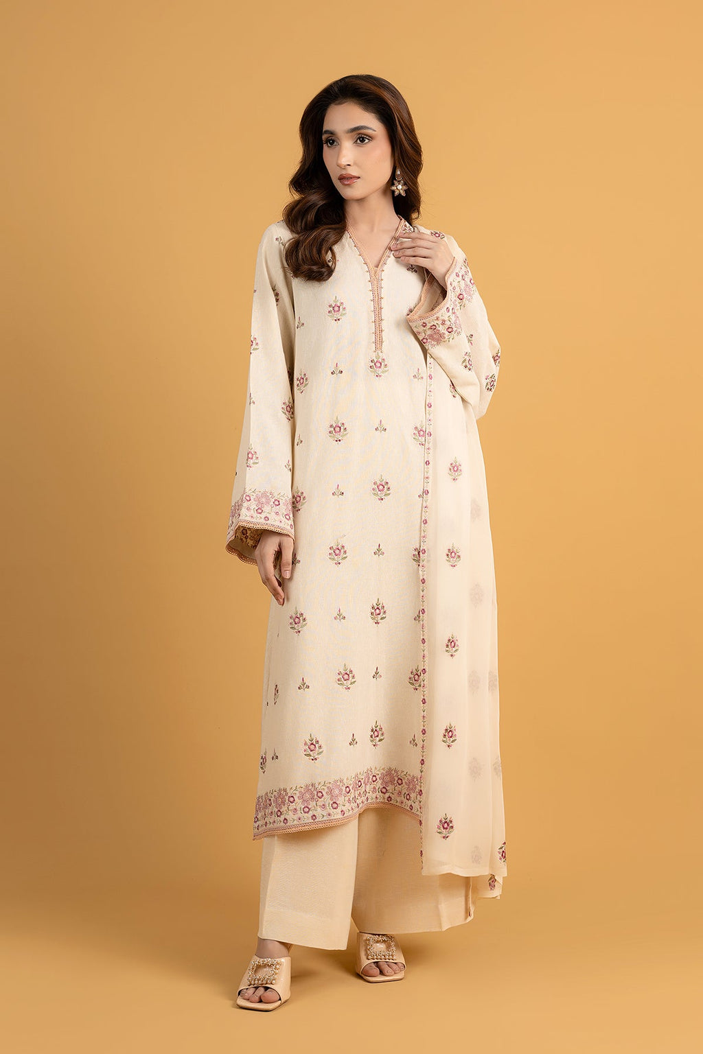 Embroidered Beige Cotton Karandi 3-Piece Unstitched Suit by The Fabric Store