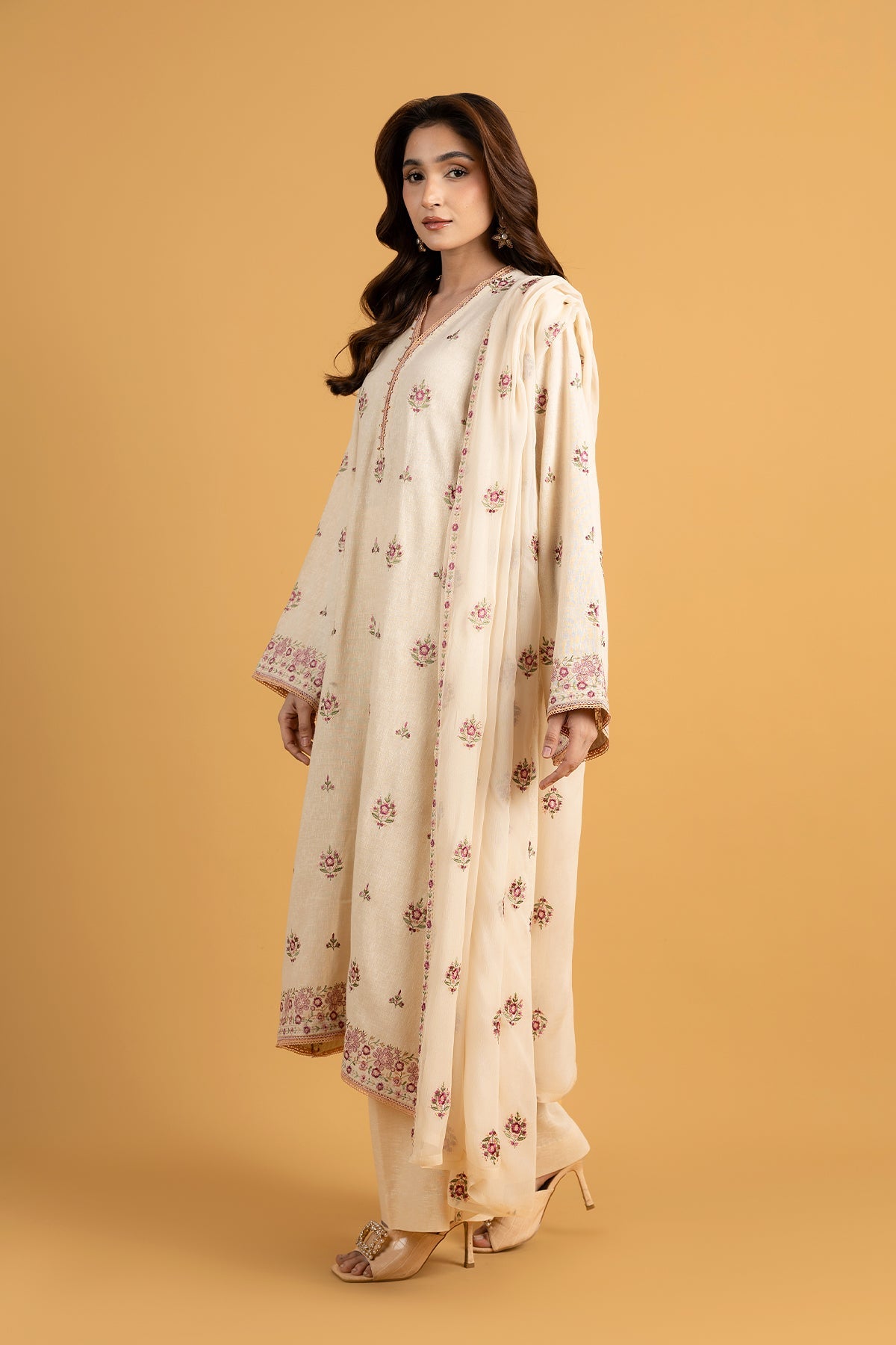 Embroidered Beige Cotton Karandi 3-Piece Unstitched Suit by The Fabric Store, photo 3