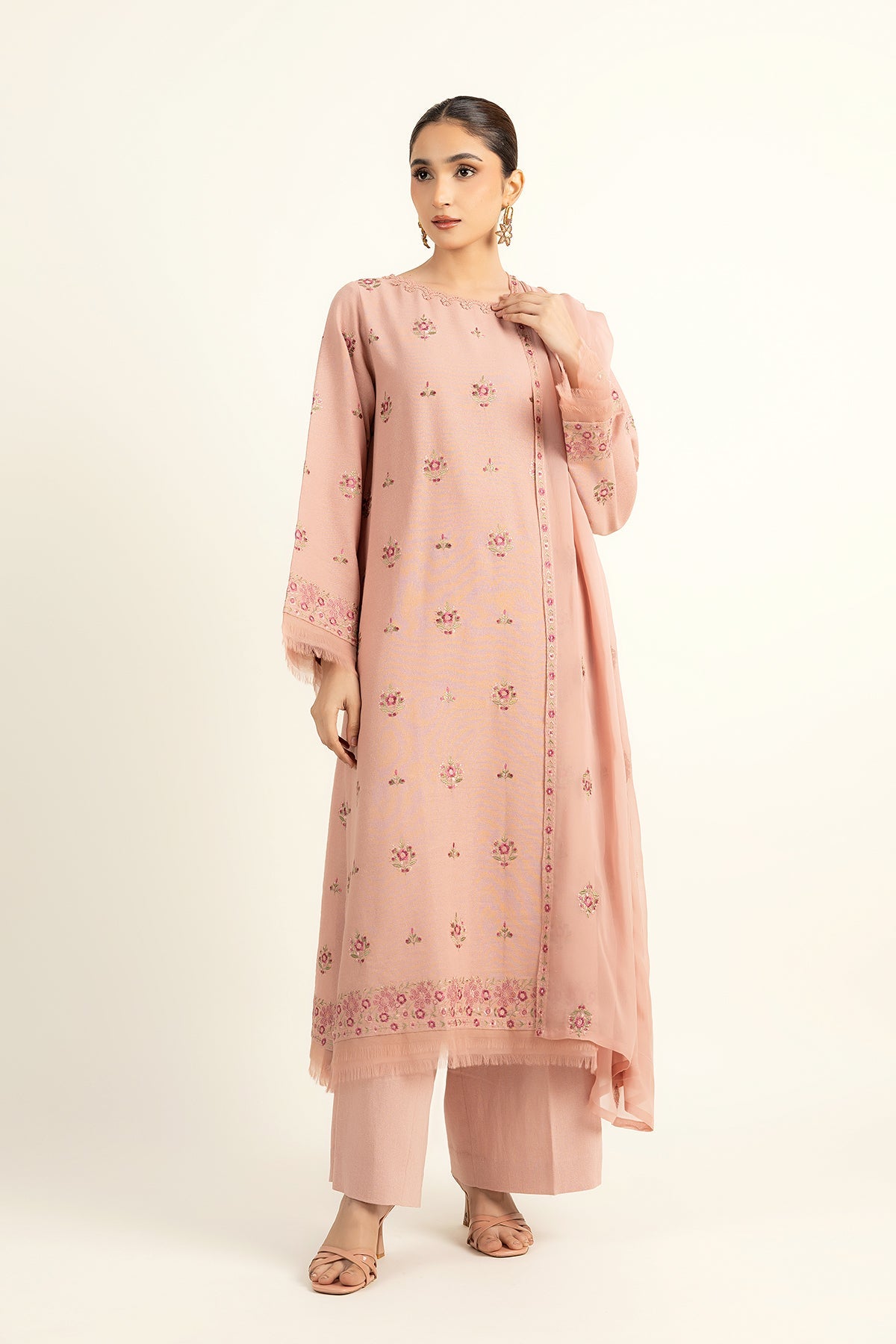 Embroidered Pink Cotton Karandi 3-Piece Unstitched Suit by The Fabric Store