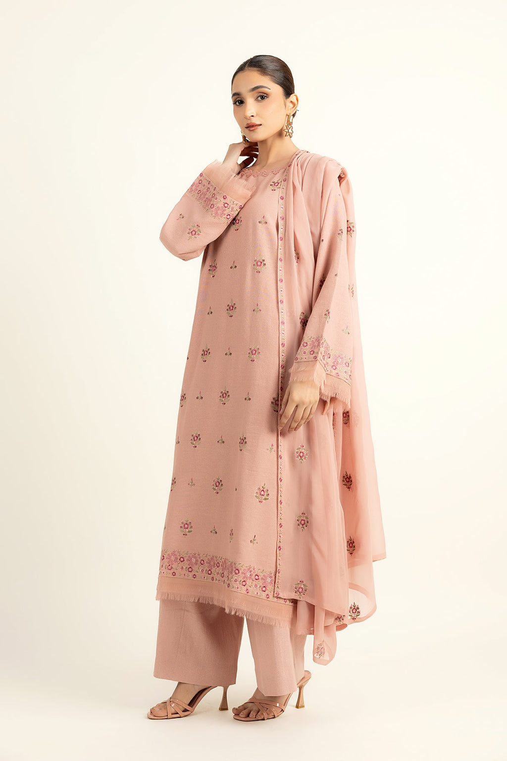 Embroidered Pink Cotton Karandi 3-Piece Unstitched Suit by The Fabric Store, photo 3
