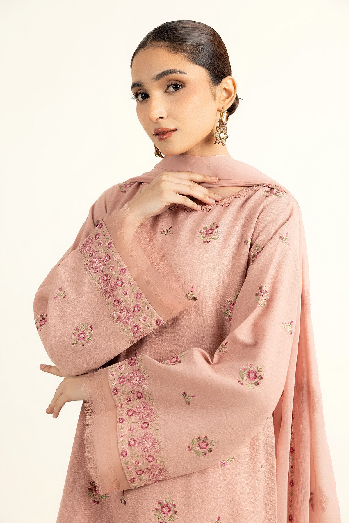 Embroidered Pink Cotton Karandi 3-Piece Unstitched Suit by The Fabric Store, photo 4