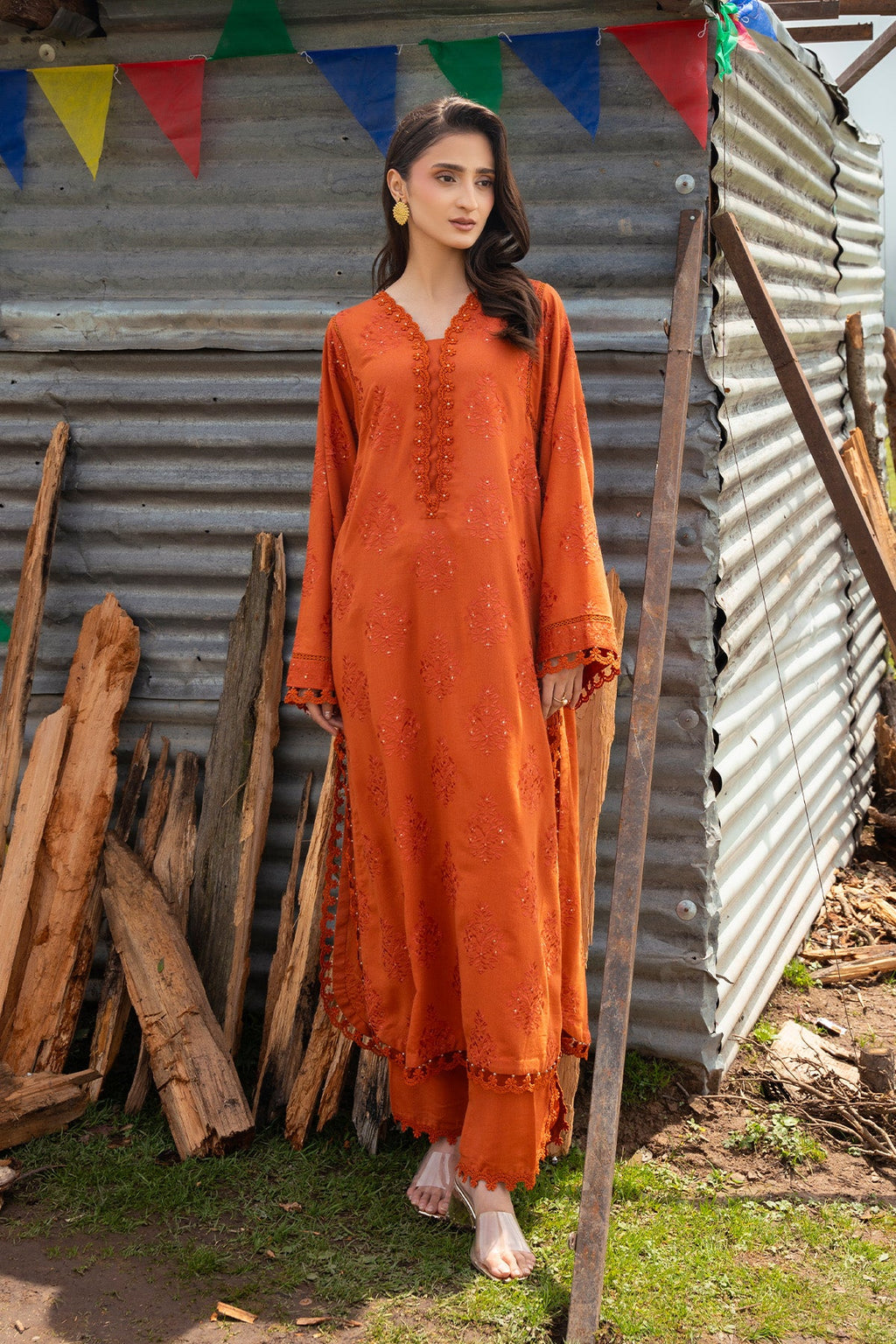 Embroidered & Embellished Rust Karandi Lawn 2-Piece Unstitched Suit by The Fabric Store
