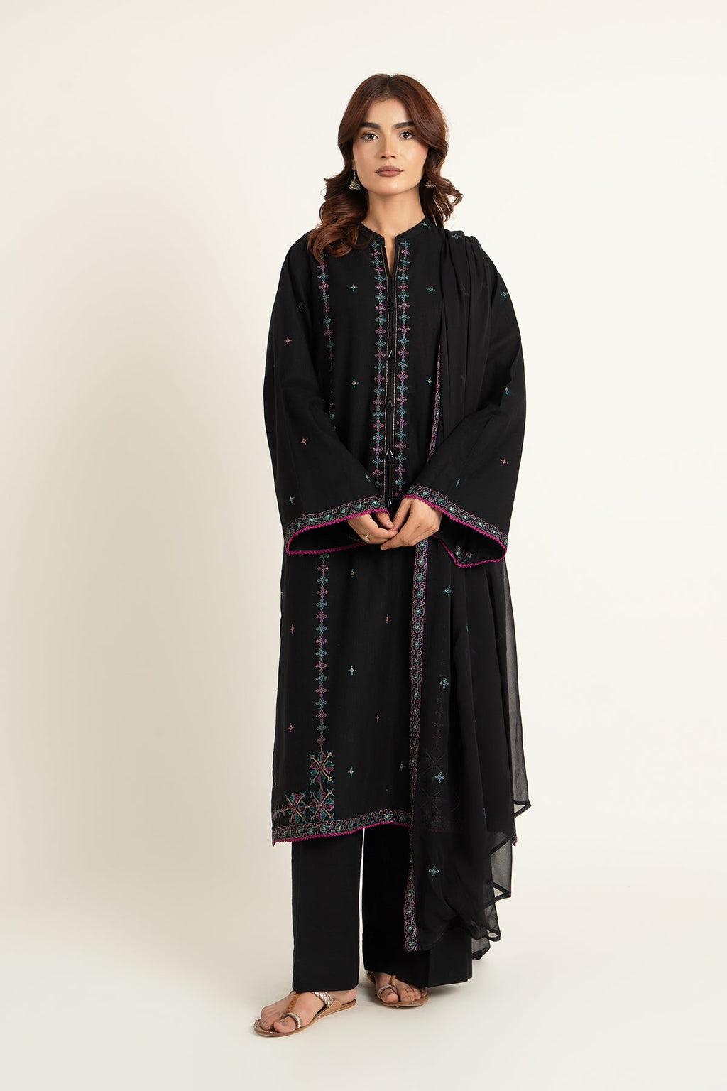 Embroidered Black Slub Khaddar 3-Piece Unstitched Suit by The Fabric Store