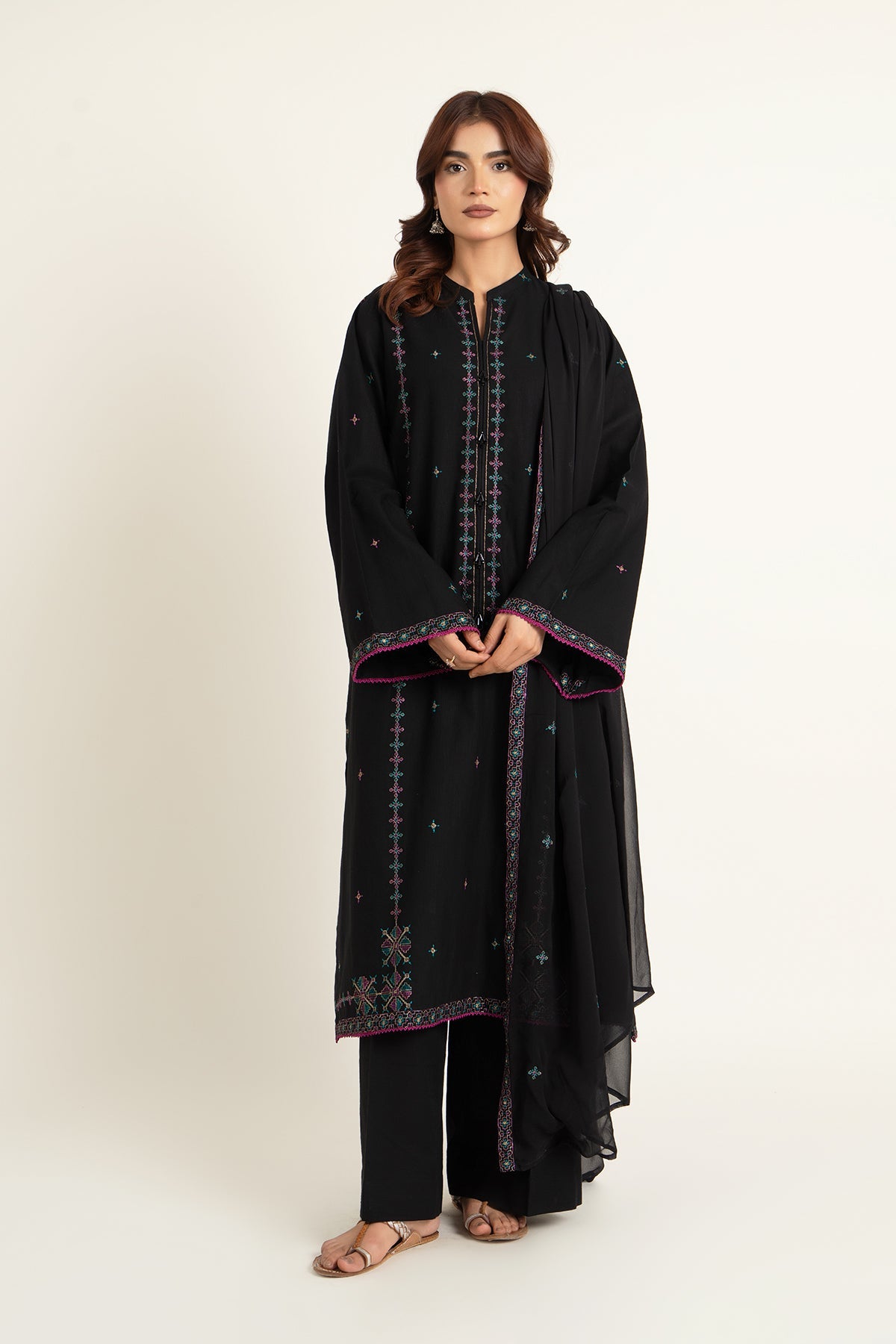 Embroidered Black Slub Khaddar 3-Piece Unstitched Suit by The Fabric Store