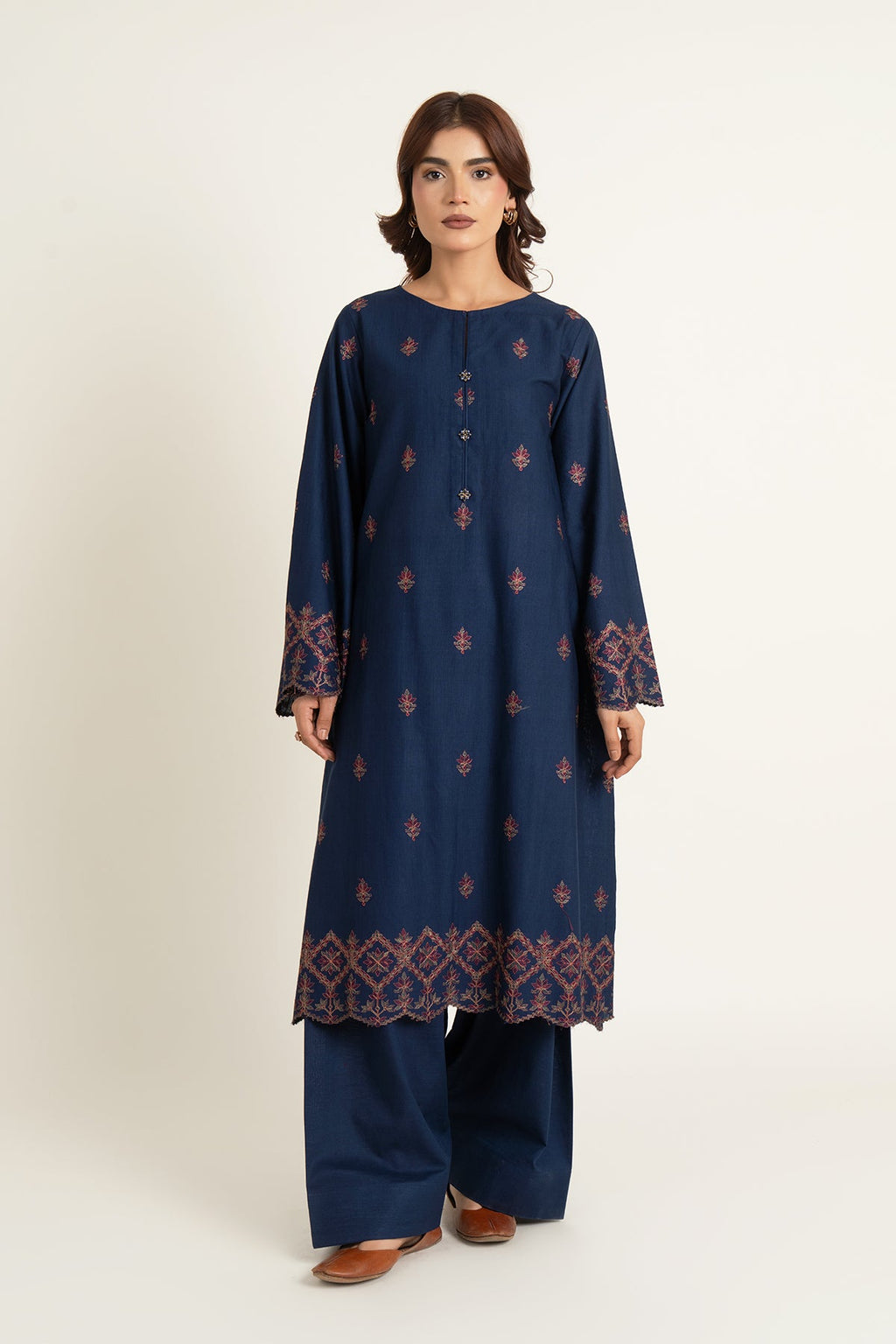 Embroidered Navy Slub Khaddar 2-Piece Unstitched Suit by The Fabric Store