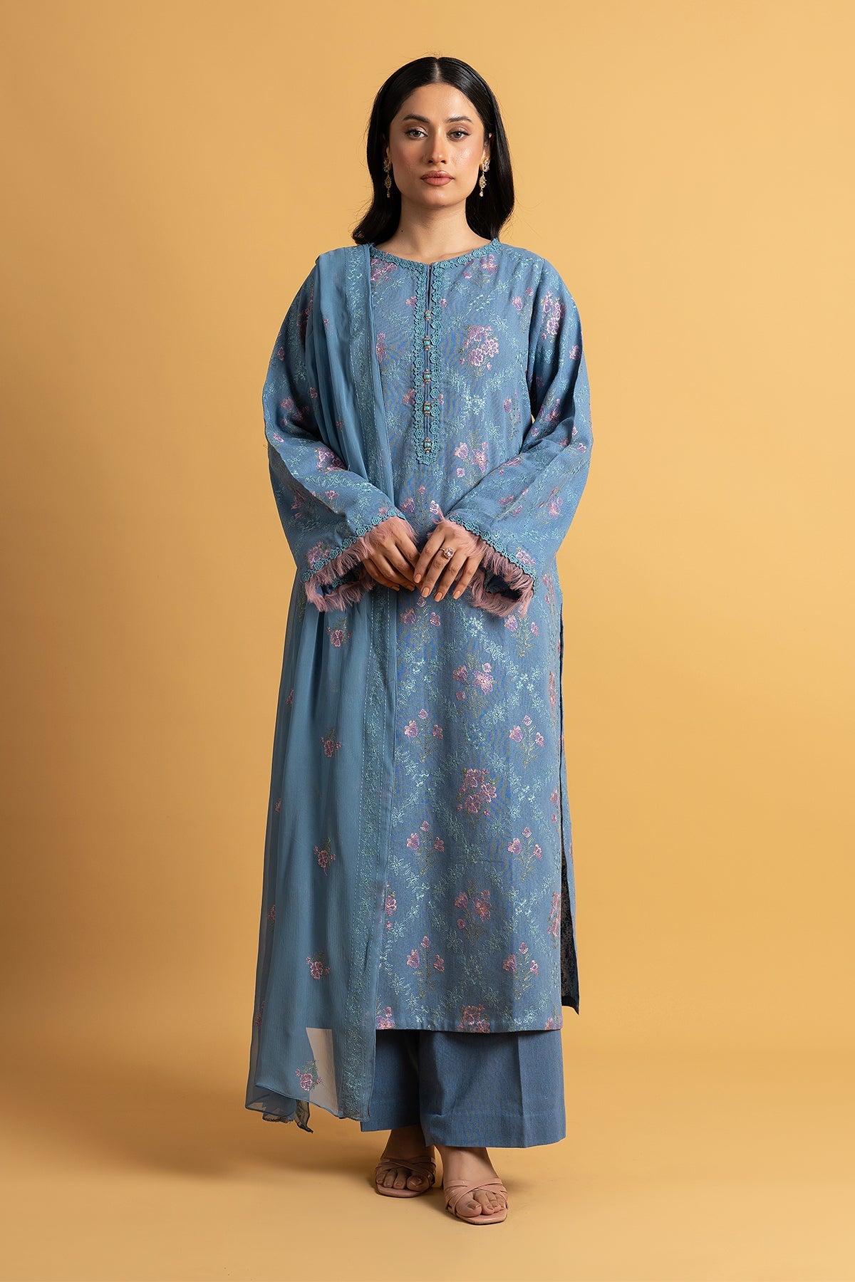 Embroidered Blue Cotton Karandi 3-Piece Unstitched Suit by The Fabric Store