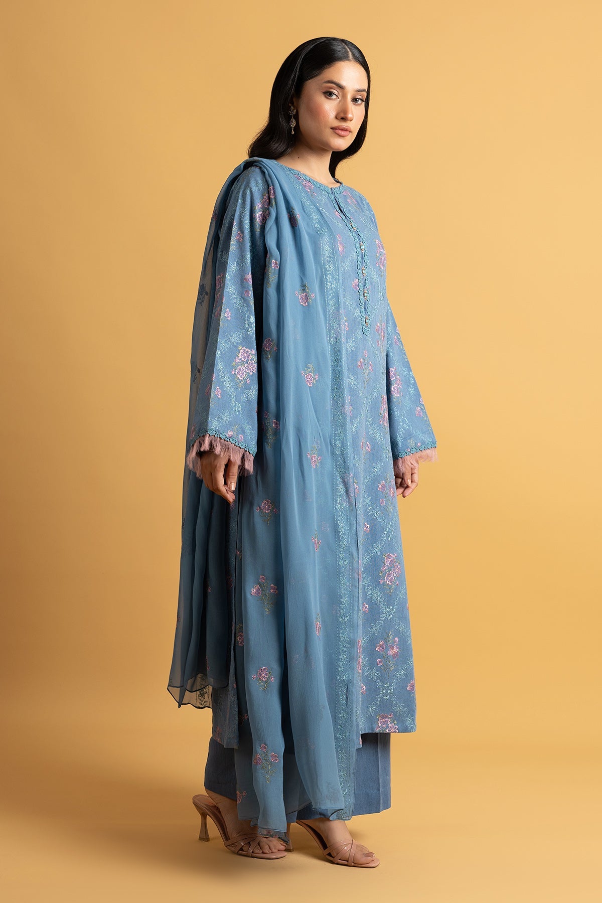 Embroidered Blue Cotton Karandi 3-Piece Unstitched Suit by The Fabric Store, photo 3