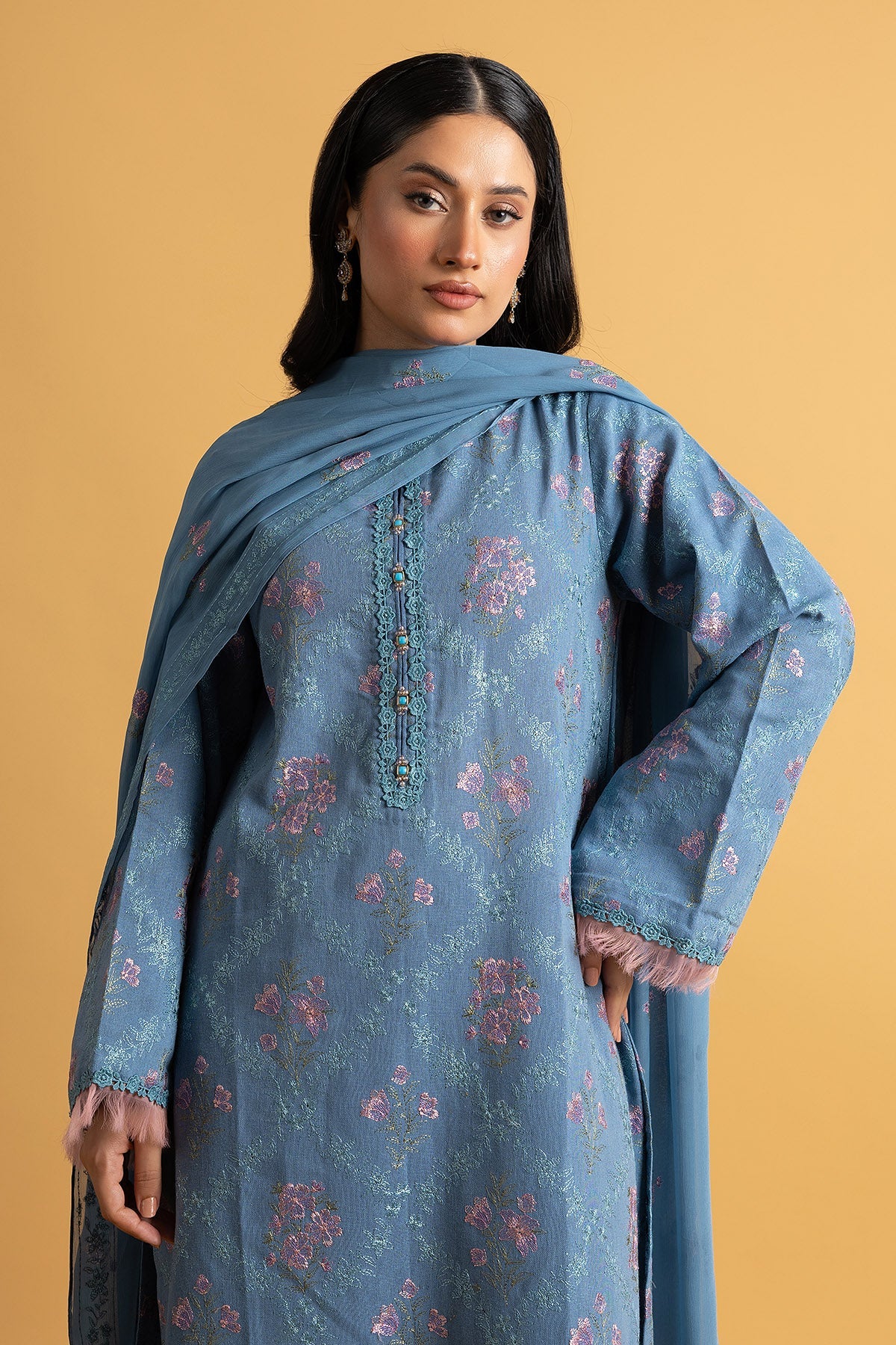 Embroidered Blue Cotton Karandi 3-Piece Unstitched Suit by The Fabric Store, photo 4