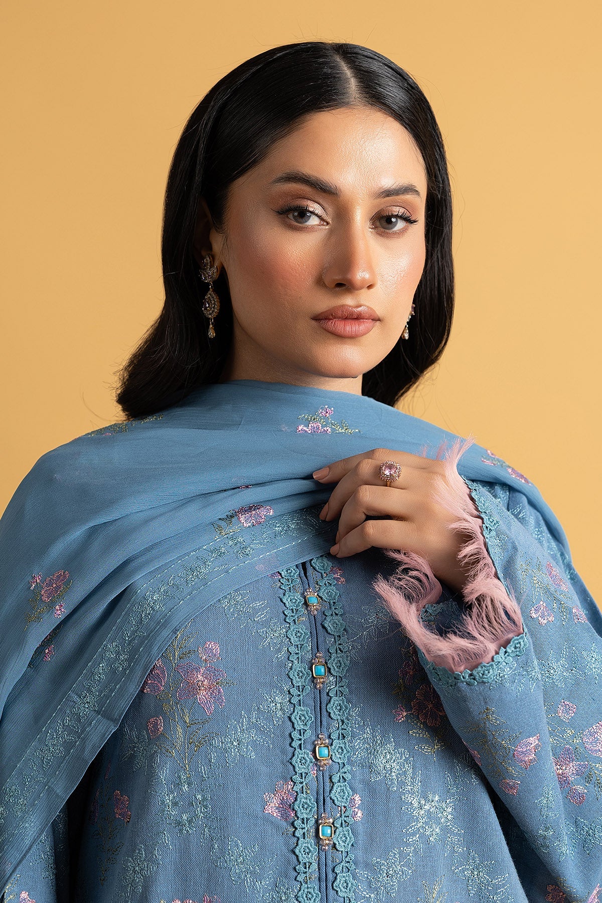 Embroidered Blue Cotton Karandi 3-Piece Unstitched Suit by The Fabric Store, photo 5