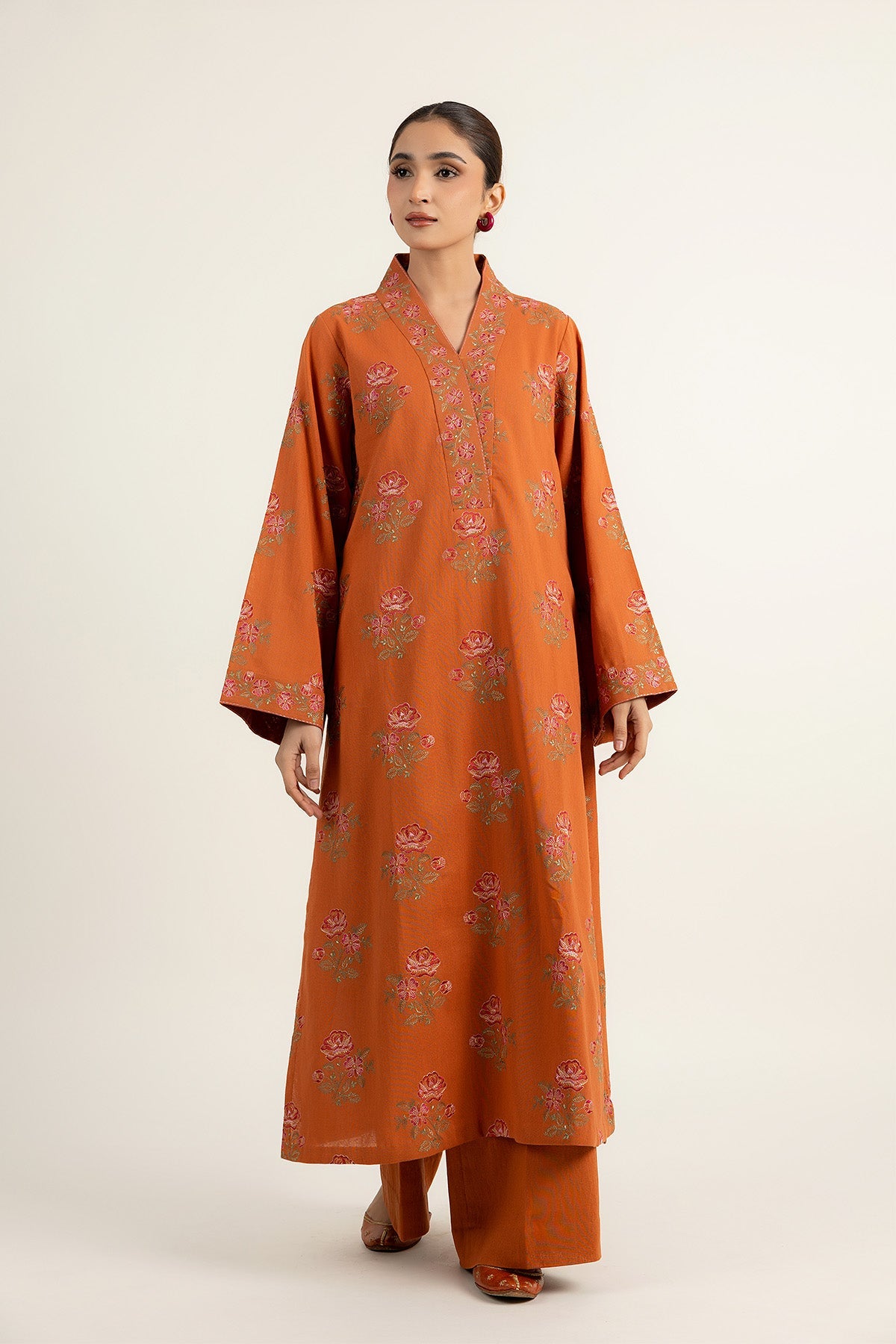 Embroidered Rust Cotton Karandi 2-Piece Unstitched Suit by The Fabric Store