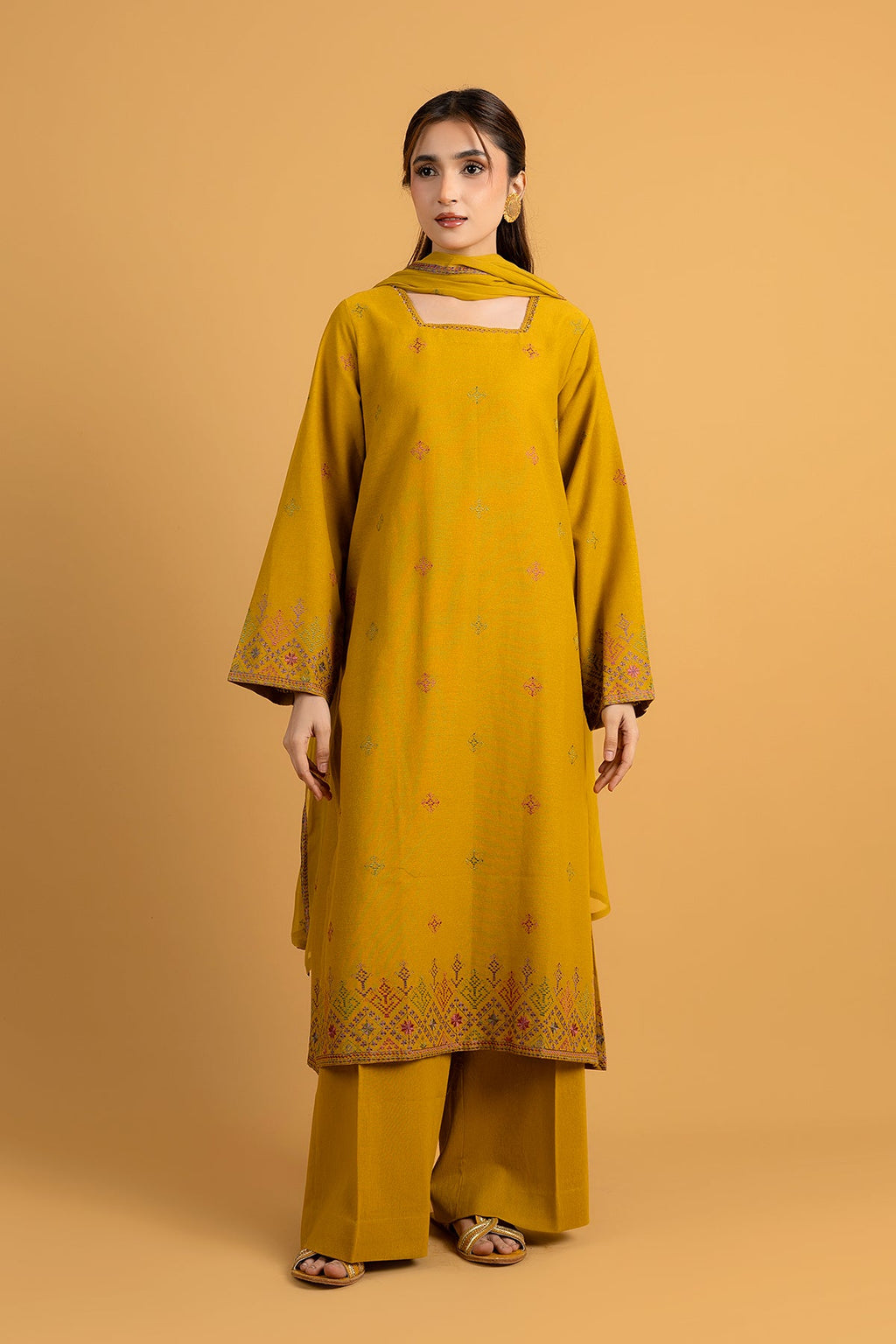 Embroidered Mustard Cotton Karandi 3-Piece Unstitched Suit by The Fabric Store