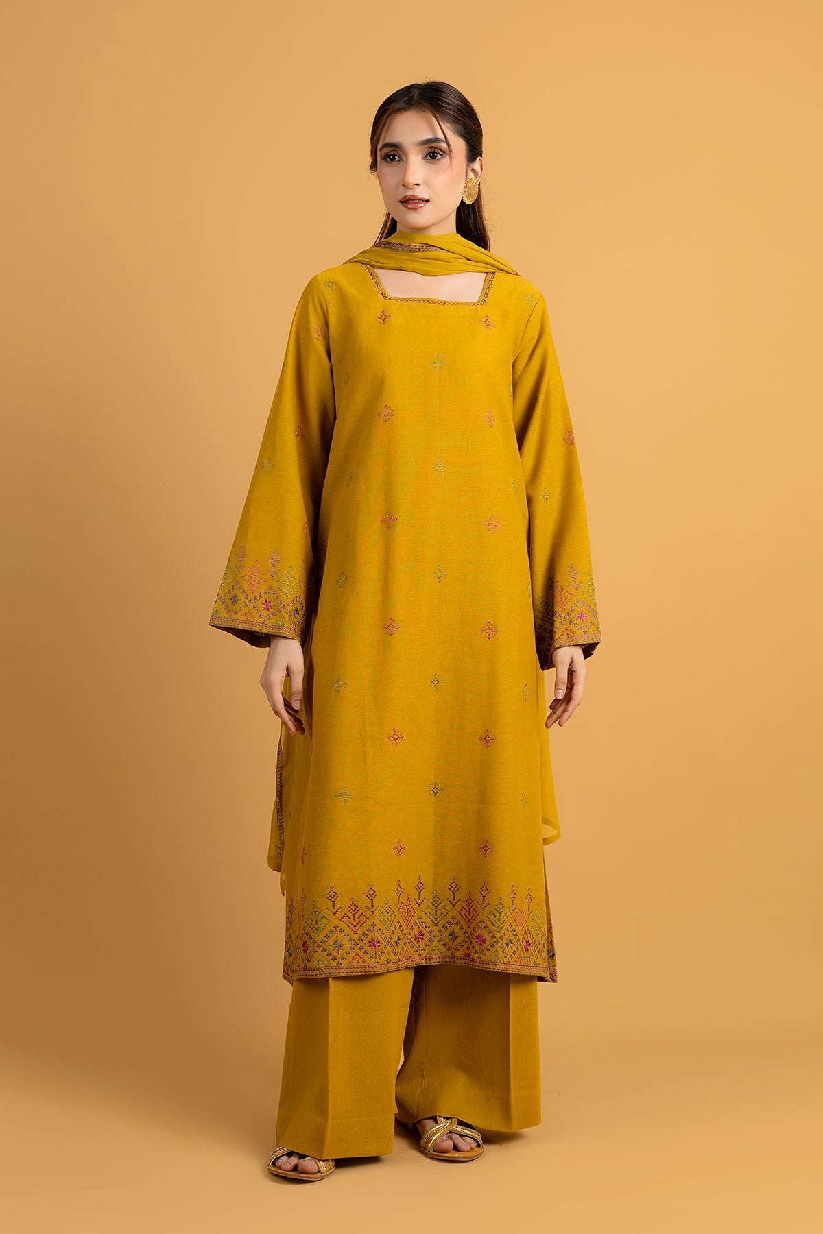Embroidered Mustard Cotton Karandi 3-Piece Unstitched Suit by The Fabric Store