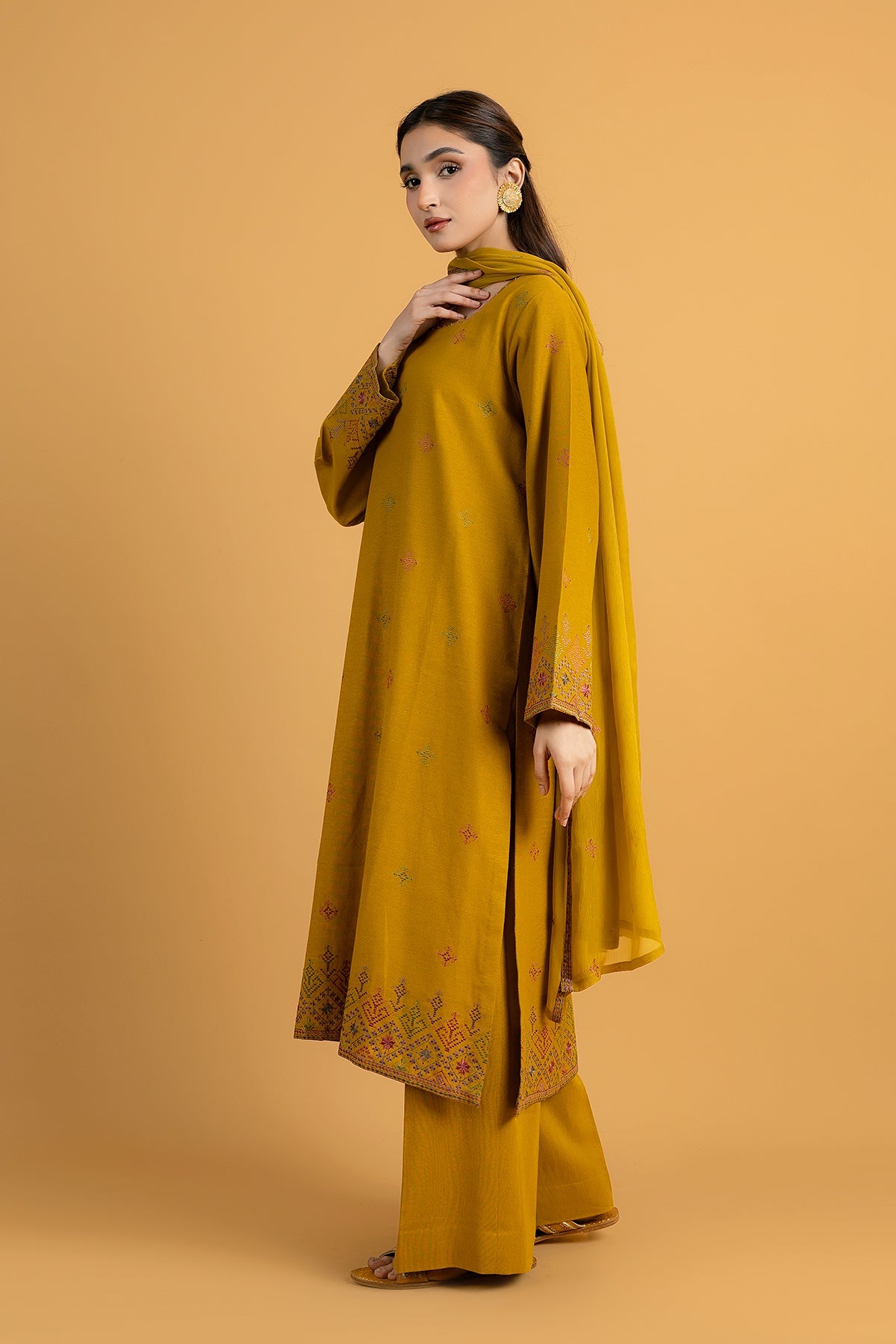Embroidered Mustard Cotton Karandi 3-Piece Unstitched Suit by The Fabric Store, photo 2