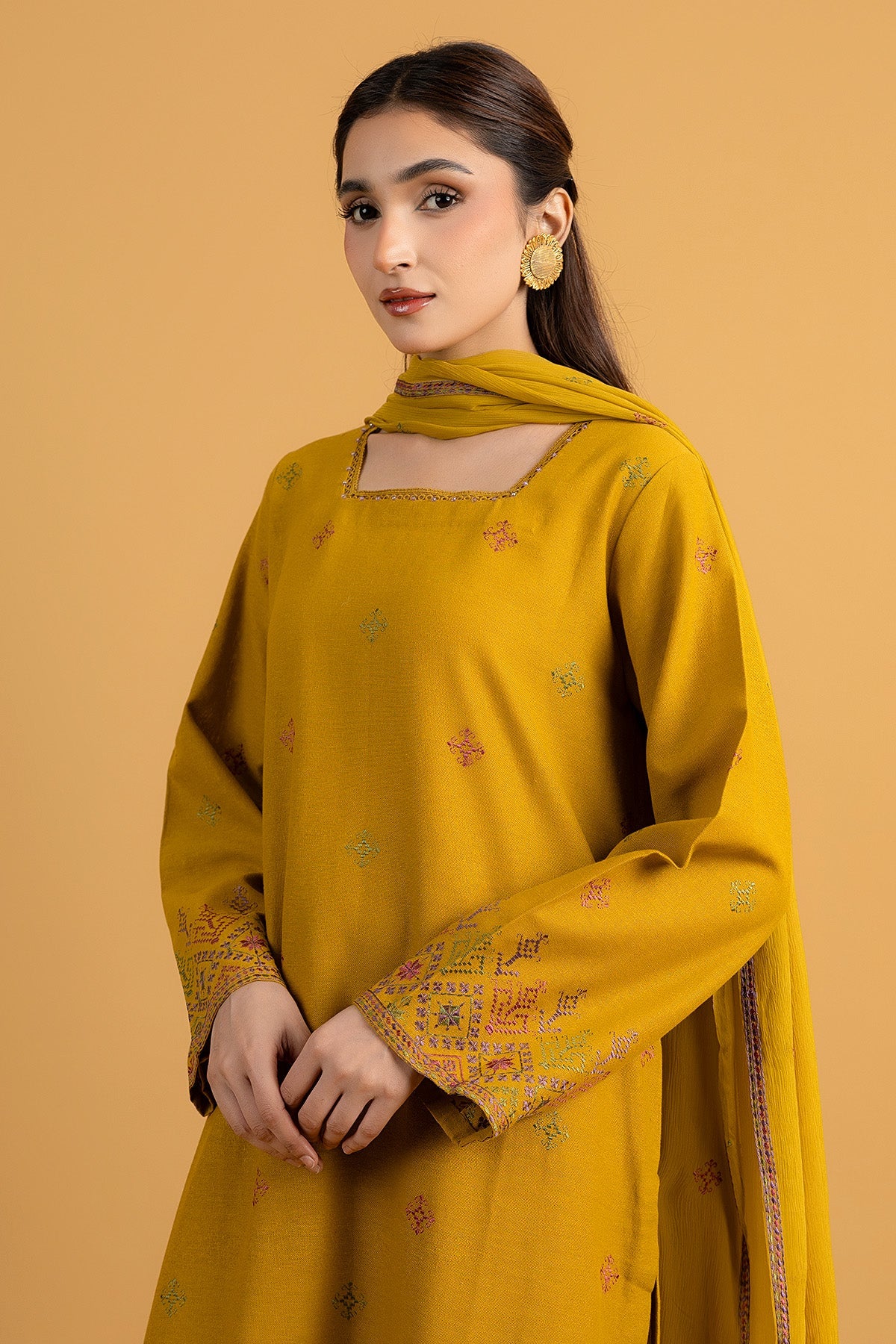 Embroidered Mustard Cotton Karandi 3-Piece Unstitched Suit by The Fabric Store, photo 4