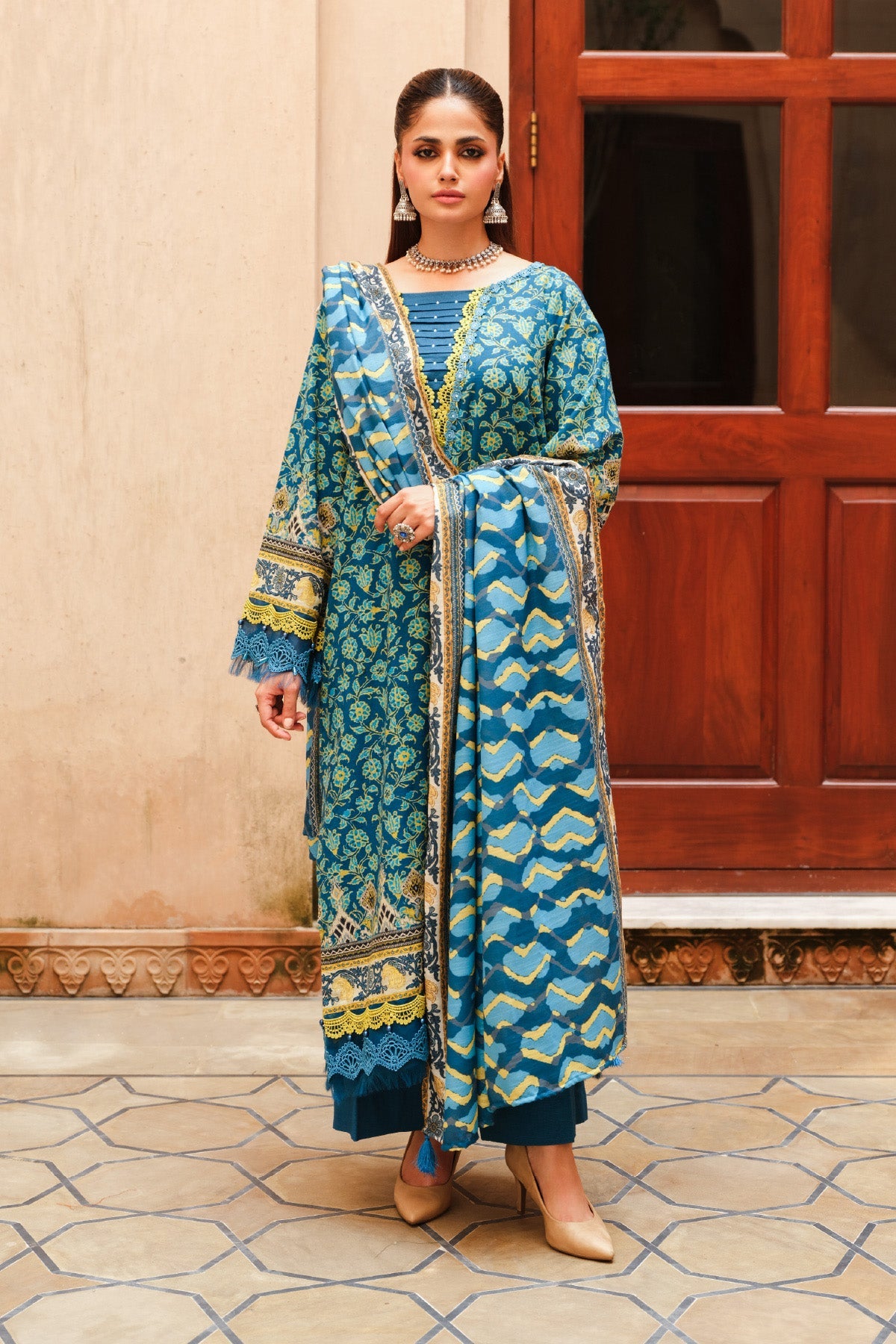 Printed Blue Slub Khaddar 3-Piece Unstitched Suit by The Fabric Store, photo 4
