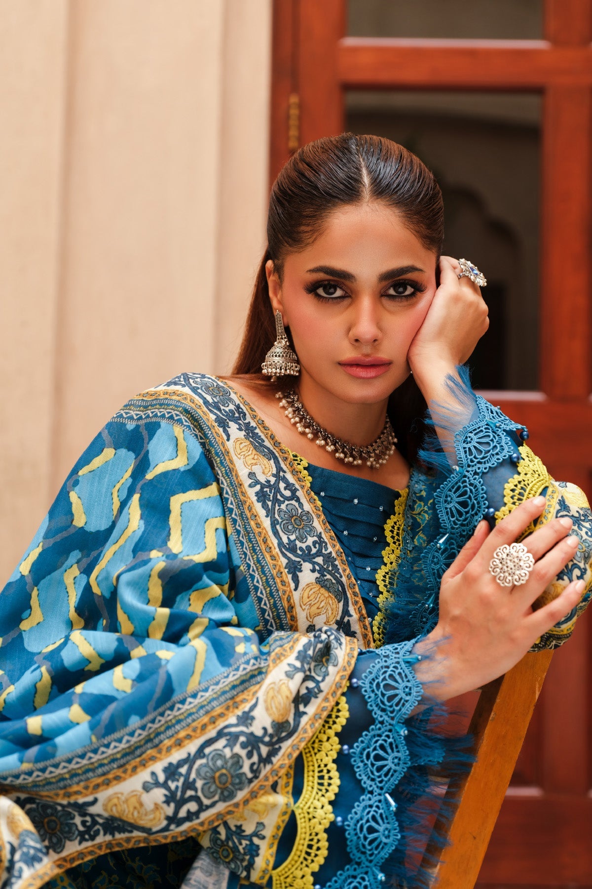 Printed Blue Slub Khaddar 3-Piece Unstitched Suit by The Fabric Store, photo 3