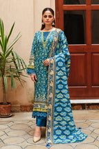 Printed Blue Slub Khaddar 3-Piece Unstitched Suit by The Fabric Store