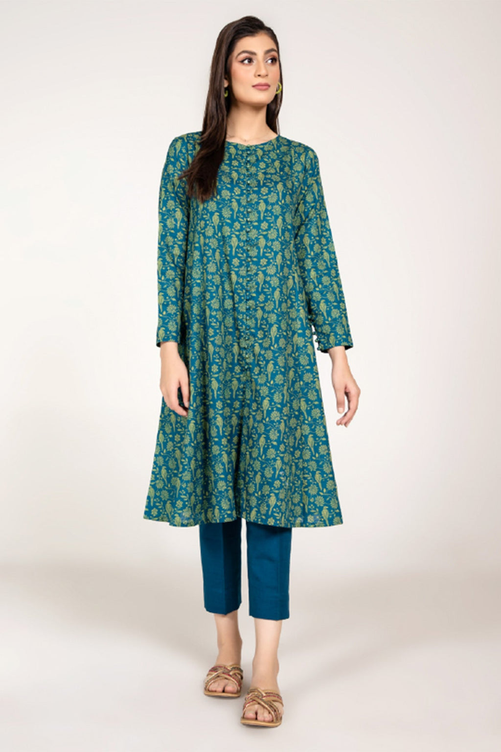 Printed Blue Slub Khaddar Pret Shirt by The Fabric Store
