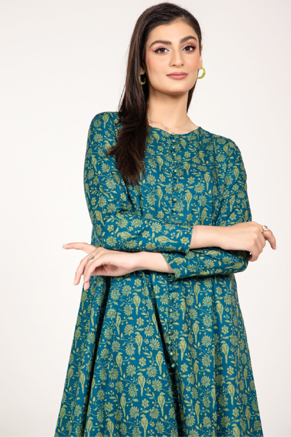 Printed Blue Slub Khaddar Pret Shirt by The Fabric Store, photo 4