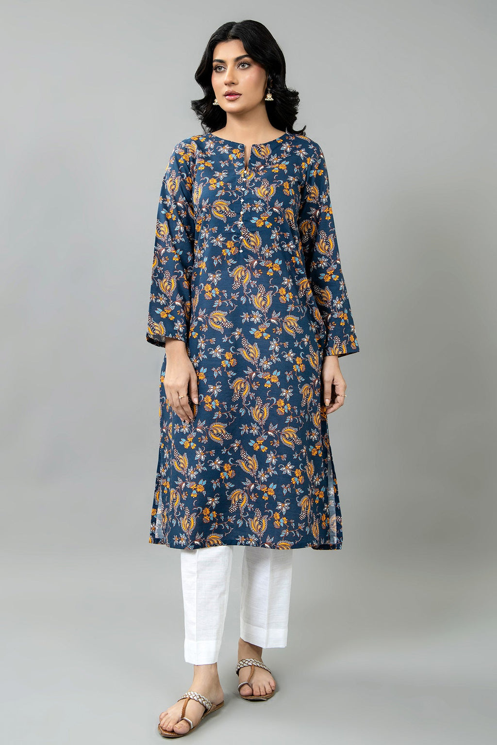 Printed Blue Slub Khaddar Pret Shirt by The Fabric Store