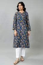 Printed Blue Slub Khaddar Pret Shirt by The Fabric Store