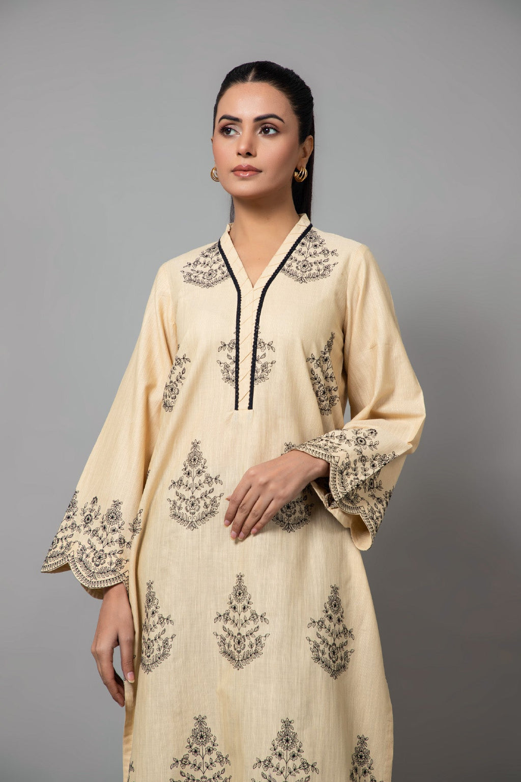 Embroidered Beige Slub Khaddar Pret Shirt by The Fabric Store, photo 4