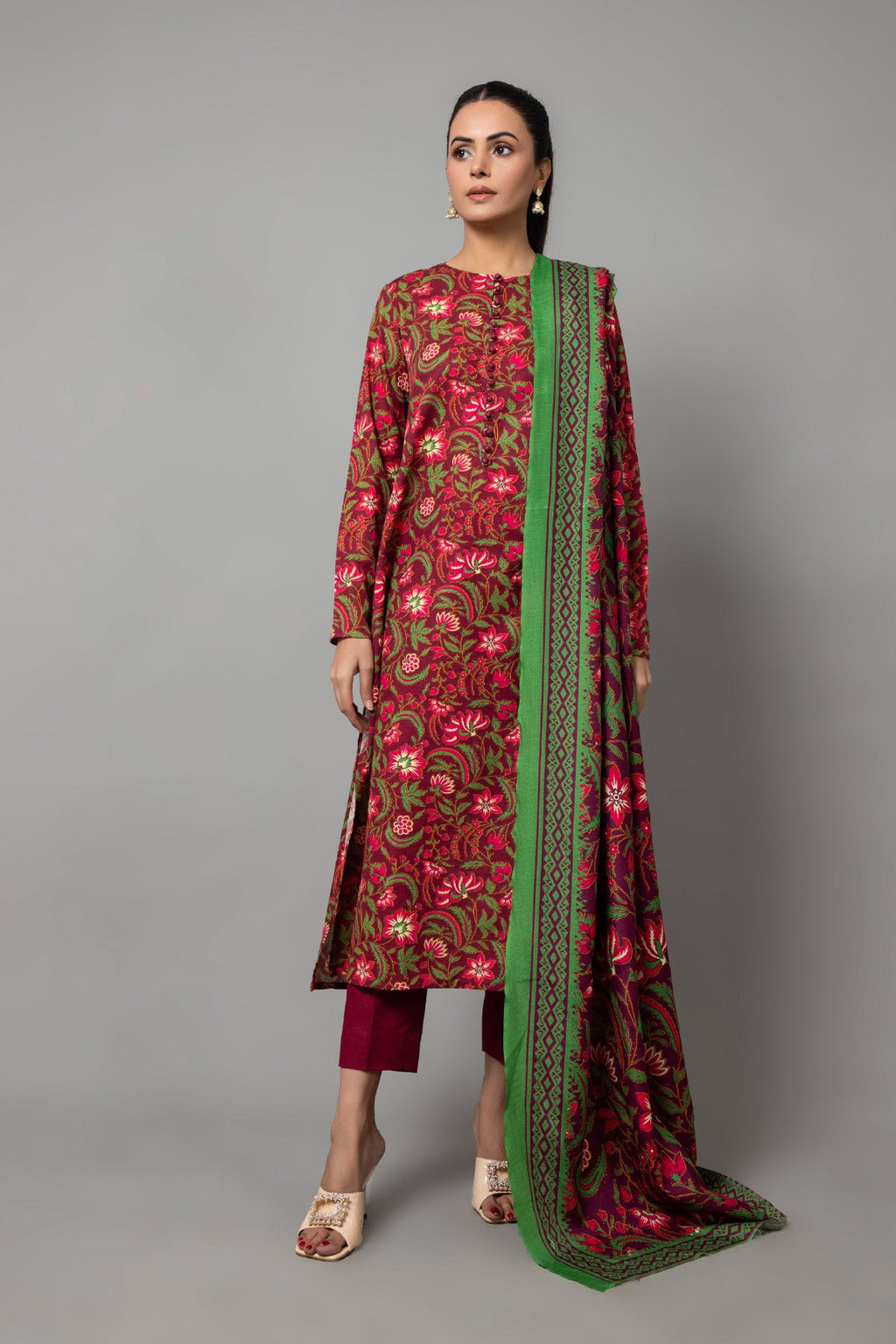 Printed Red Slub Khaddar 3-Piece Unstitched Suit by The Fabric Store