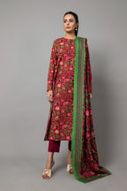Printed Red Slub Khaddar 3-Piece Unstitched Suit by The Fabric Store