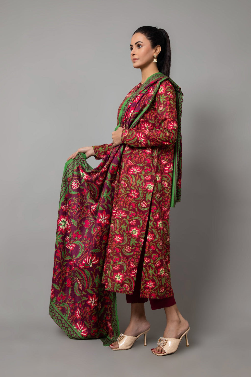 Printed Red Slub Khaddar 3-Piece Unstitched Suit by The Fabric Store, photo 2