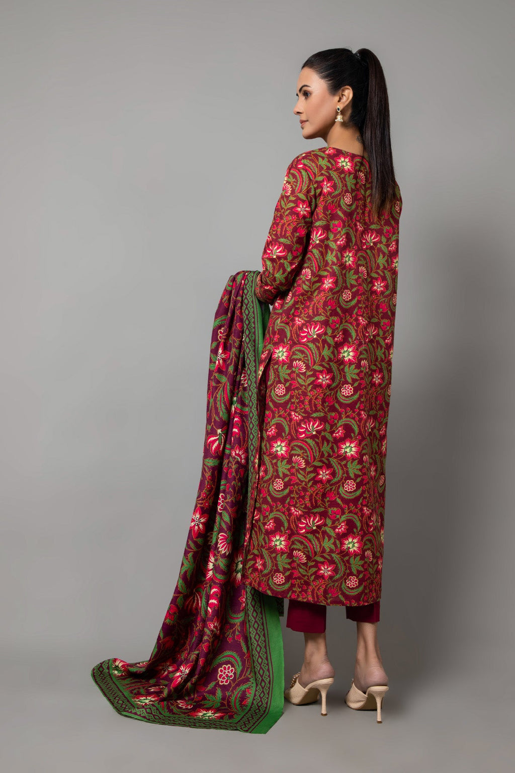 Printed Red Slub Khaddar 3-Piece Unstitched Suit by The Fabric Store, photo 3