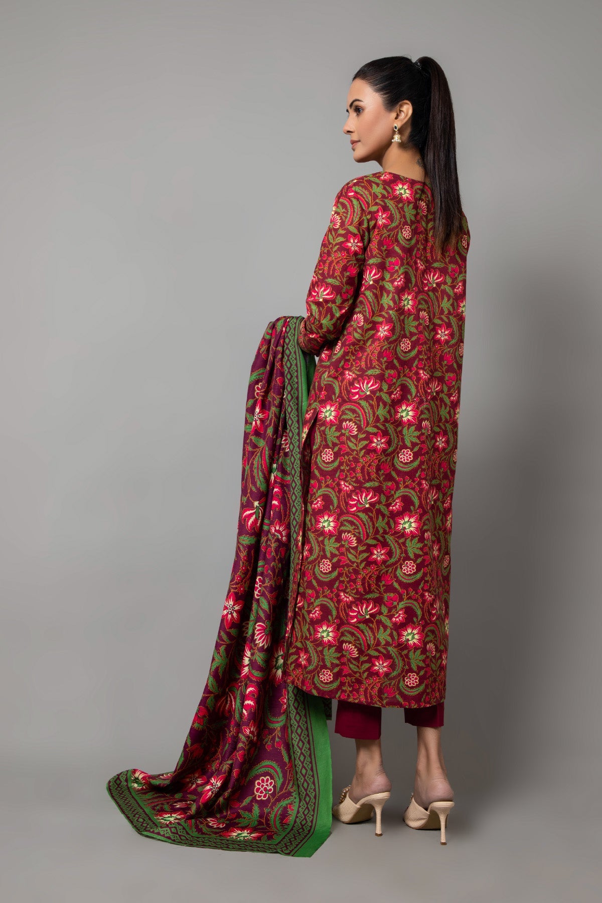 Printed Red Slub Khaddar 3-Piece Unstitched Suit by The Fabric Store, photo 3