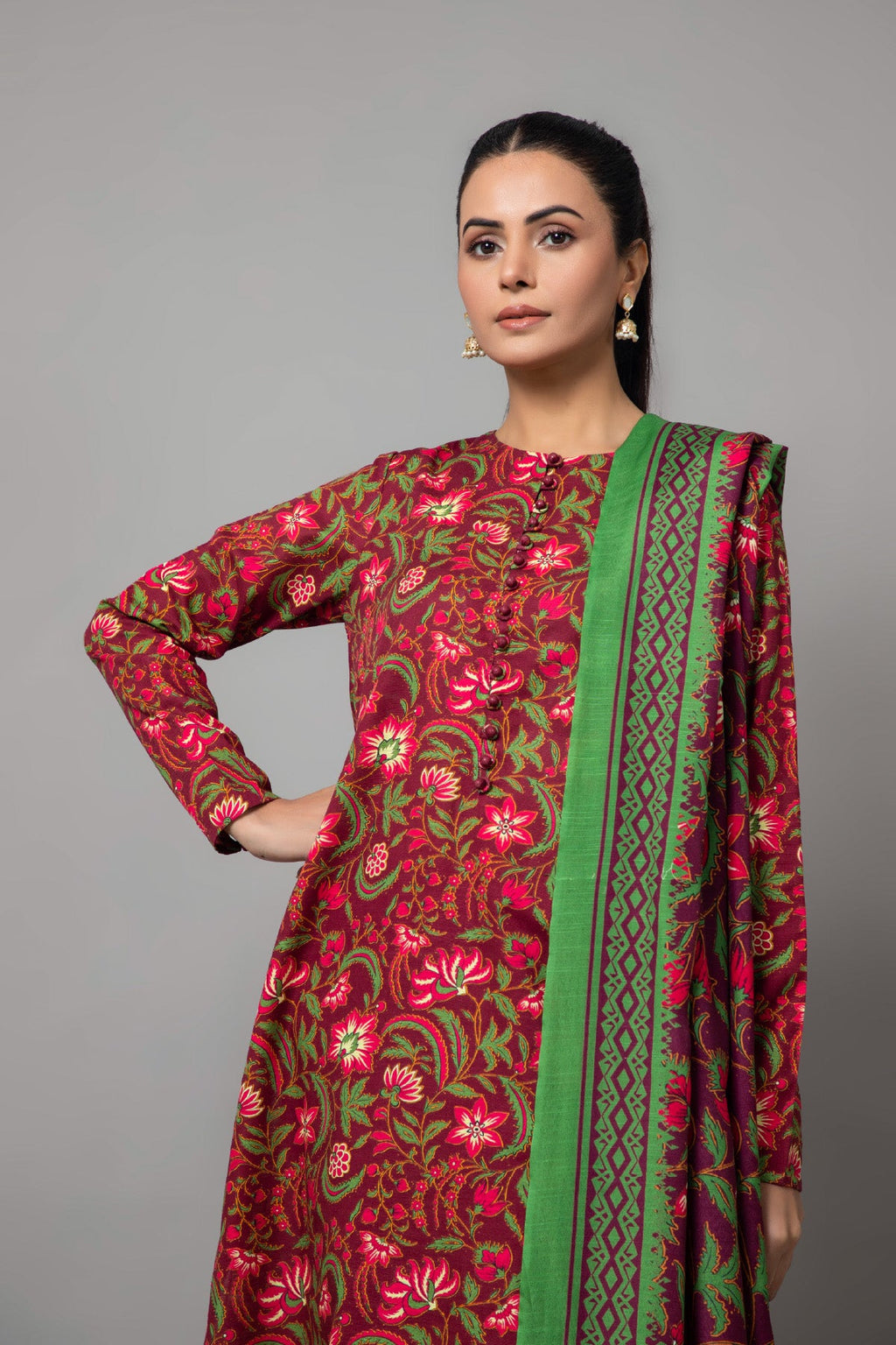 Printed Red Slub Khaddar 3-Piece Unstitched Suit by The Fabric Store, photo 4