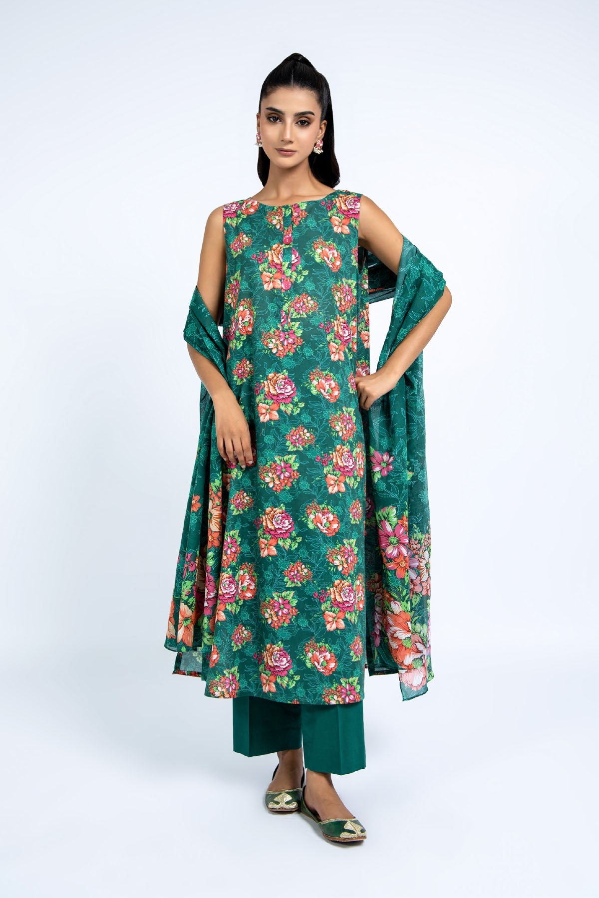 Printed Green Cambric 3-Piece Unstitched Suit by The Fabric Store