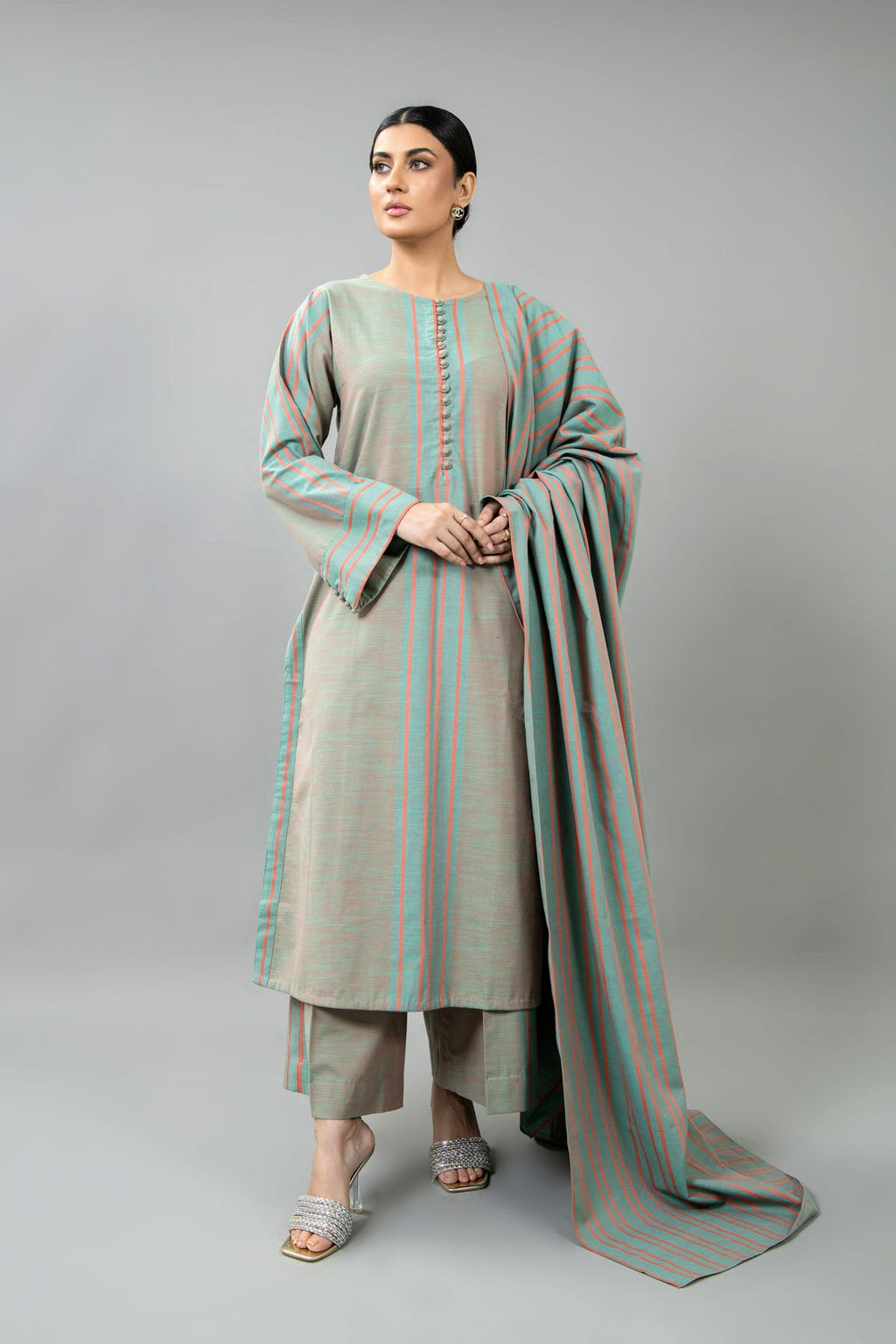 Yarn Dyed Sea Green Yarn Dyed Strip Khaddar 3-Piece Pret Suit by The Fabric Store, photo 5