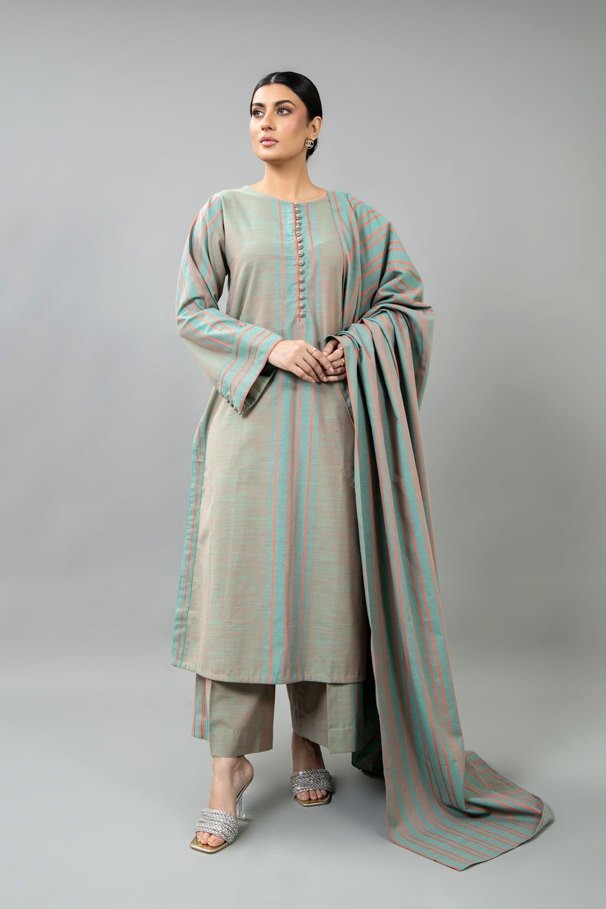 Yarn Dyed Sea Green Yarn Dyed Strip Khaddar 3-Piece Pret Suit by The Fabric Store, photo 5