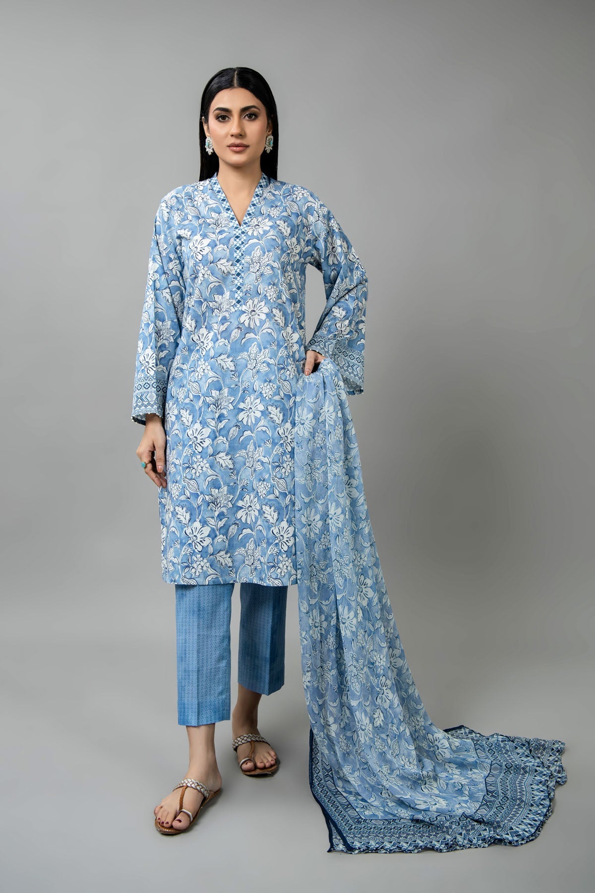 Printed Blue Cambric 3-Piece Unstitched Suit by The Fabric Store