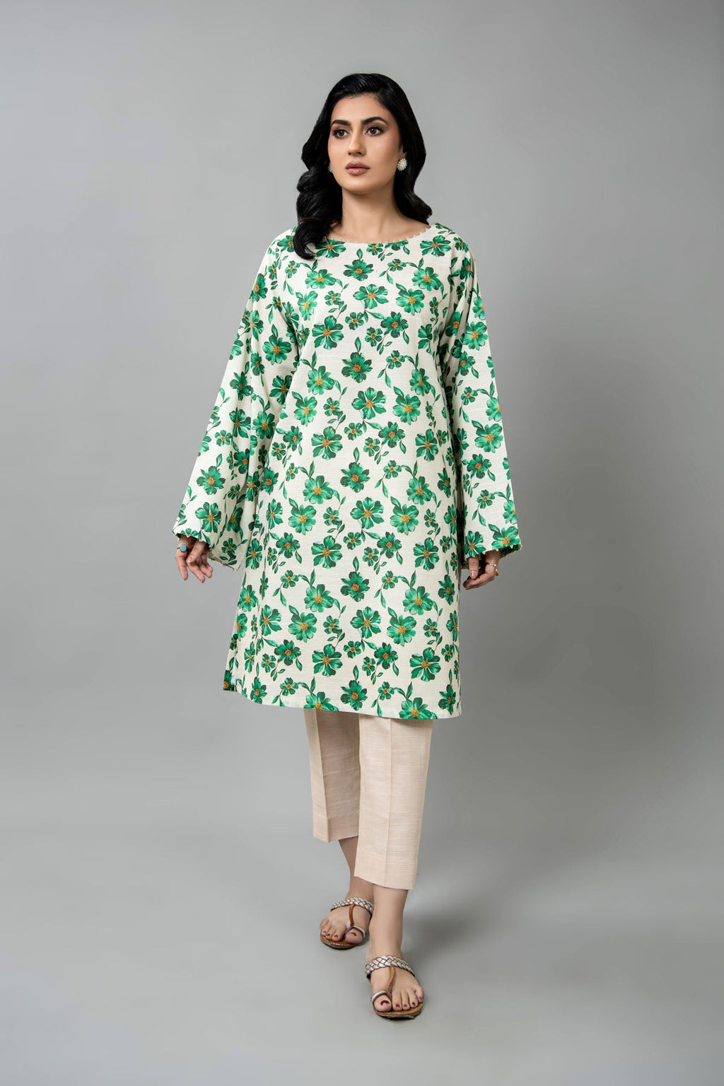 Printed Green Slub Khaddar Unstitched Shirt by The Fabric Store