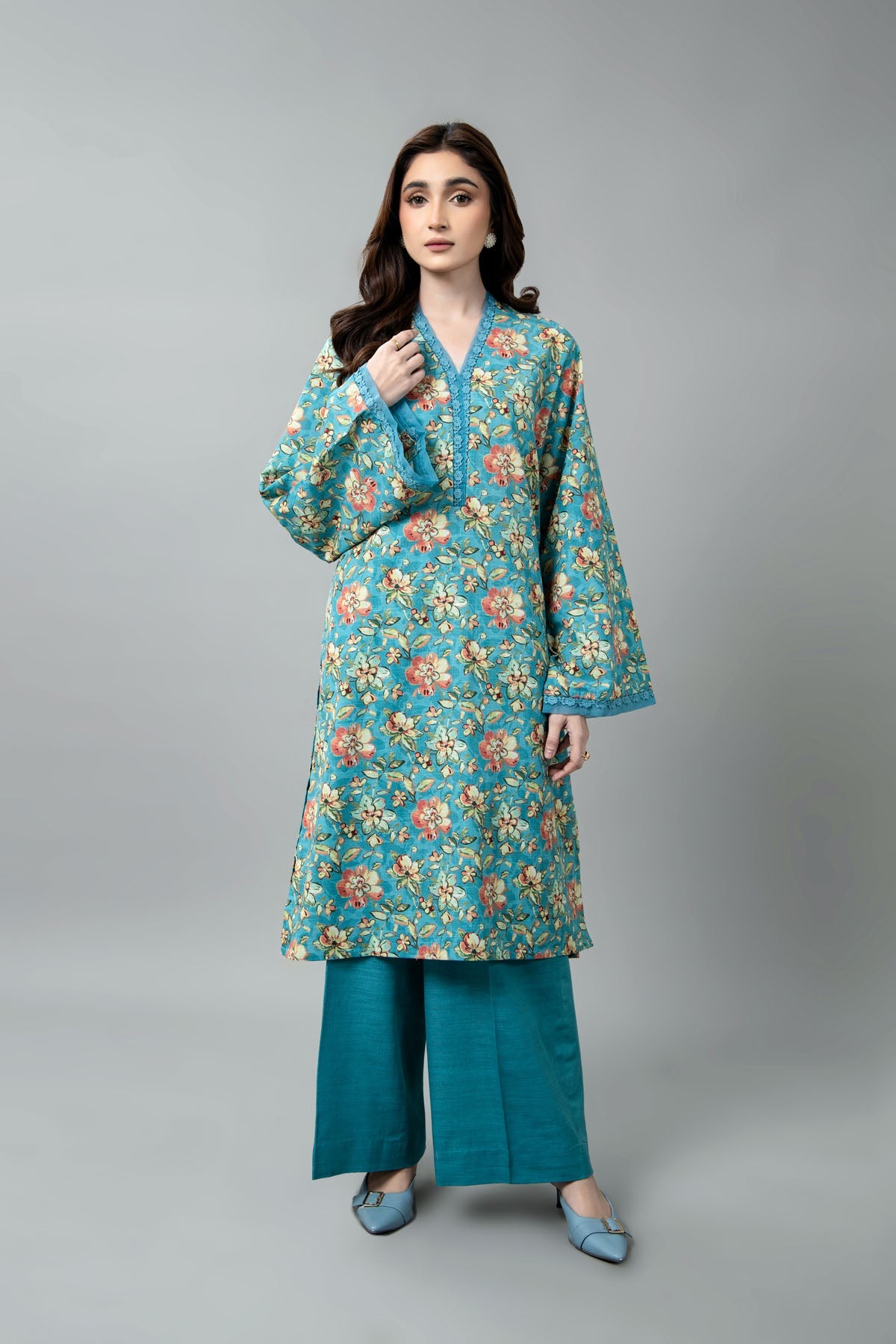 Printed Blue Slub Khaddar Unstitched Shirt by The Fabric Store