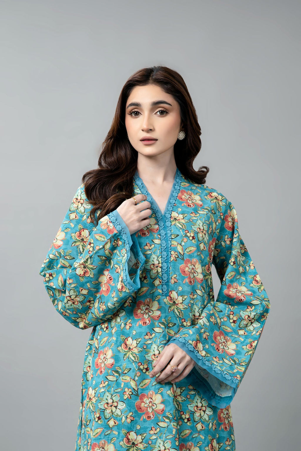 Printed Blue Slub Khaddar Unstitched Shirt by The Fabric Store, photo 4