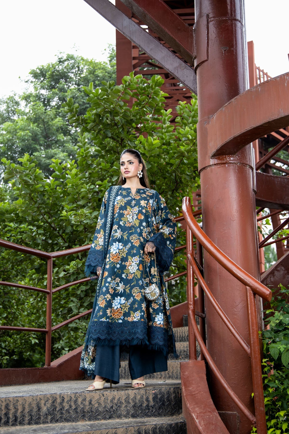 Printed Teal Slub Khaddar 3-Piece Unstitched Suit by The Fabric Store, photo 5