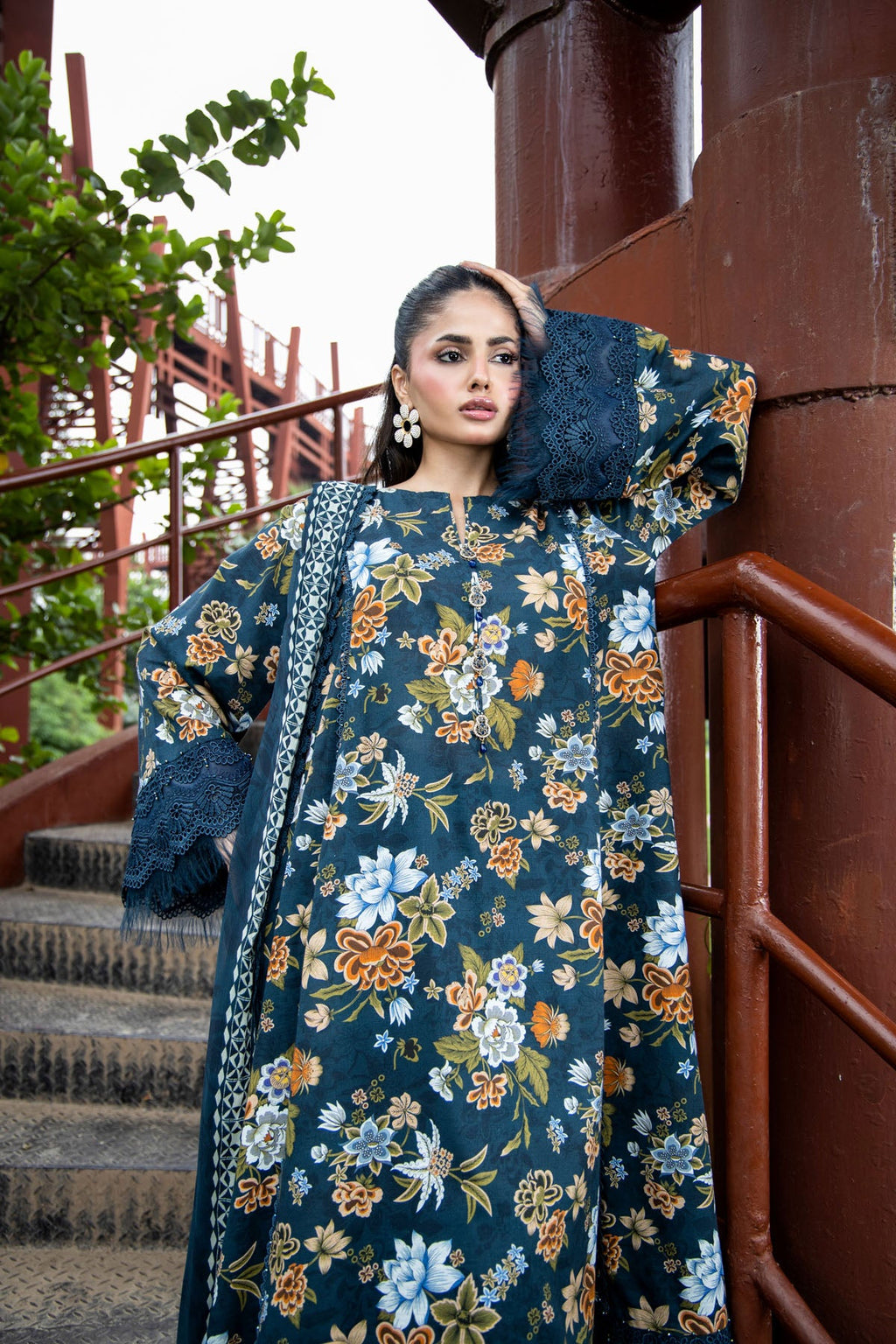 Printed Teal Slub Khaddar 3-Piece Unstitched Suit by The Fabric Store, photo 2